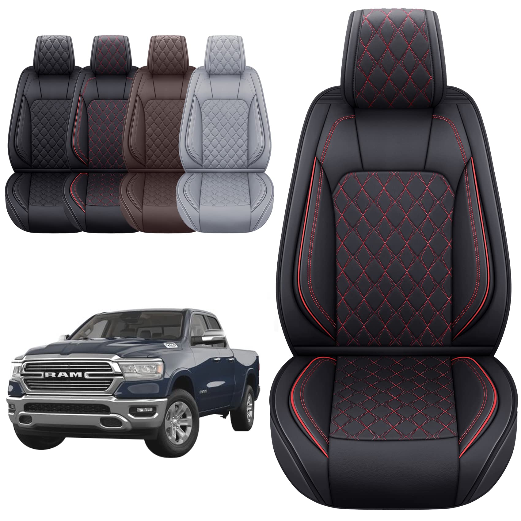 Aierxuan Dodge Ram Front Seat Covers Custom Fit 2009-2023 1500 2500 3500 Crew Quad Regular Cab Truck Pickup Waterproof Leather Airbag Compatible Cushions(2 Pcs Front/Black-Red)