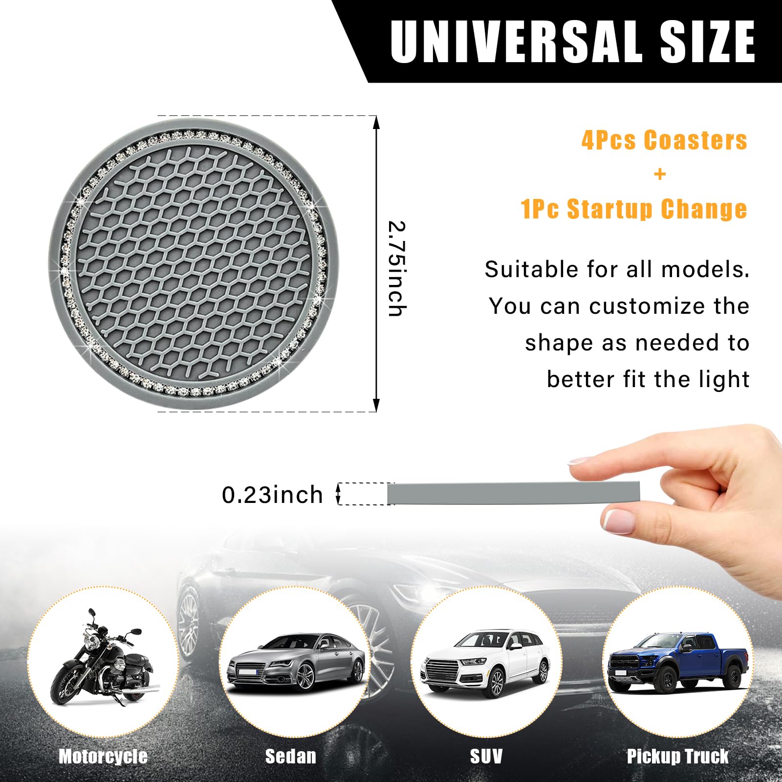 Ziciner 4 Pack Bling Car Cup Coaster, Crystal Soft Rubber Cup Holder Insert Coaster, Anti-Slip Rhinestone Drink Cup Mat, Univers