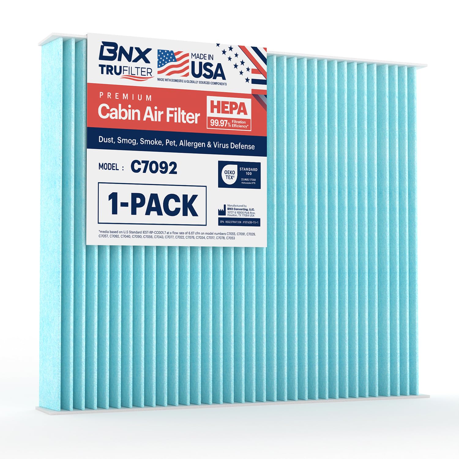 Bnx Trufilter C7092 Cabin Air Filter, Hepa 99.97%, Made In Usa, Compatible With Subaru Crosstrek, Ascent, Impreza, Legacy, Outba