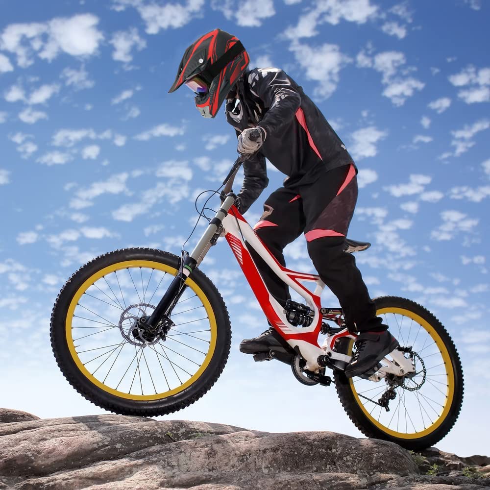 Motocross Helmet,Youth Kids Trend Full Face Helmet,Atv Motorcycle Helmet,Dirt Bike Downhill Off-Road Mountain Bike Helmet,Dot Certified,4-Piece Set (Red, S)