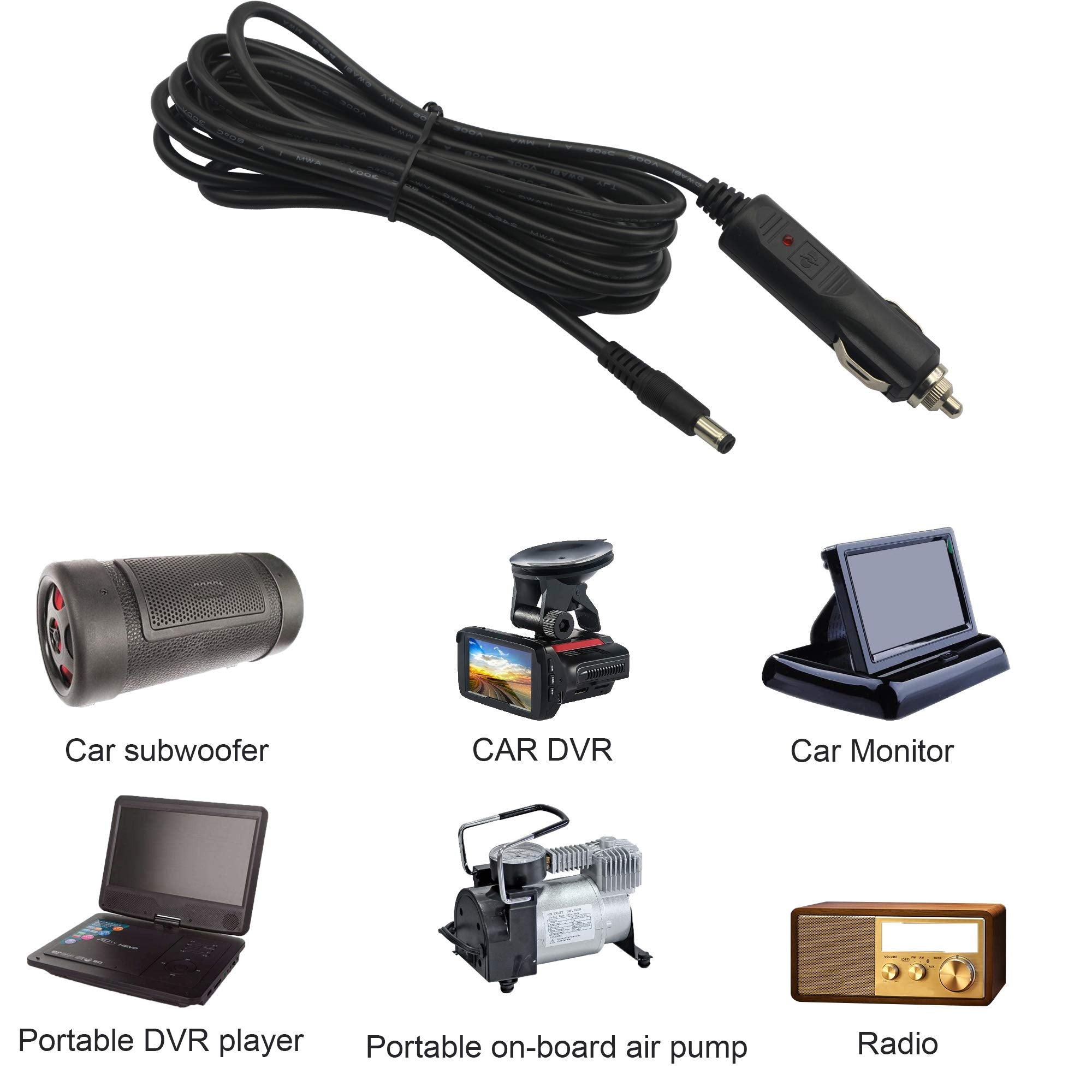 12V 24 V Dc 5.5Mm X 2.1Mm Car Cigarette Lighter Extension Power Supply Adapter Cable With Led For Car Truck Bus Van(10Ft)