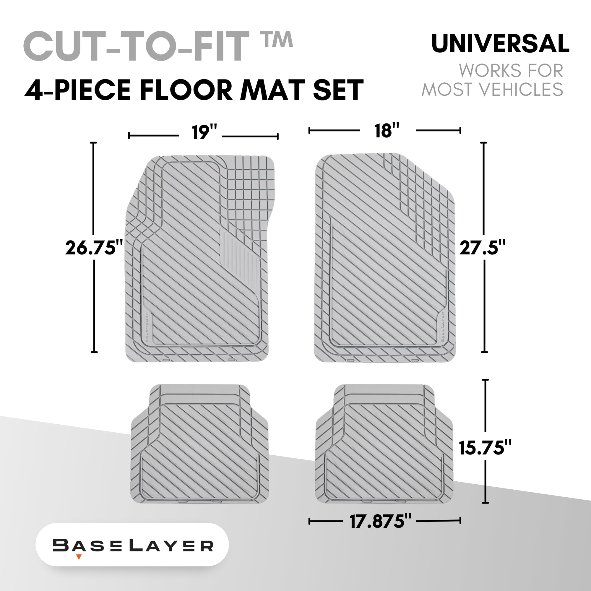 Baselayer Cut-To-Fit Light Gray 4-Piece Car Mats - Universal Waterproof Floor Mats For Most Vehicles, Durable All-Weather Mats -