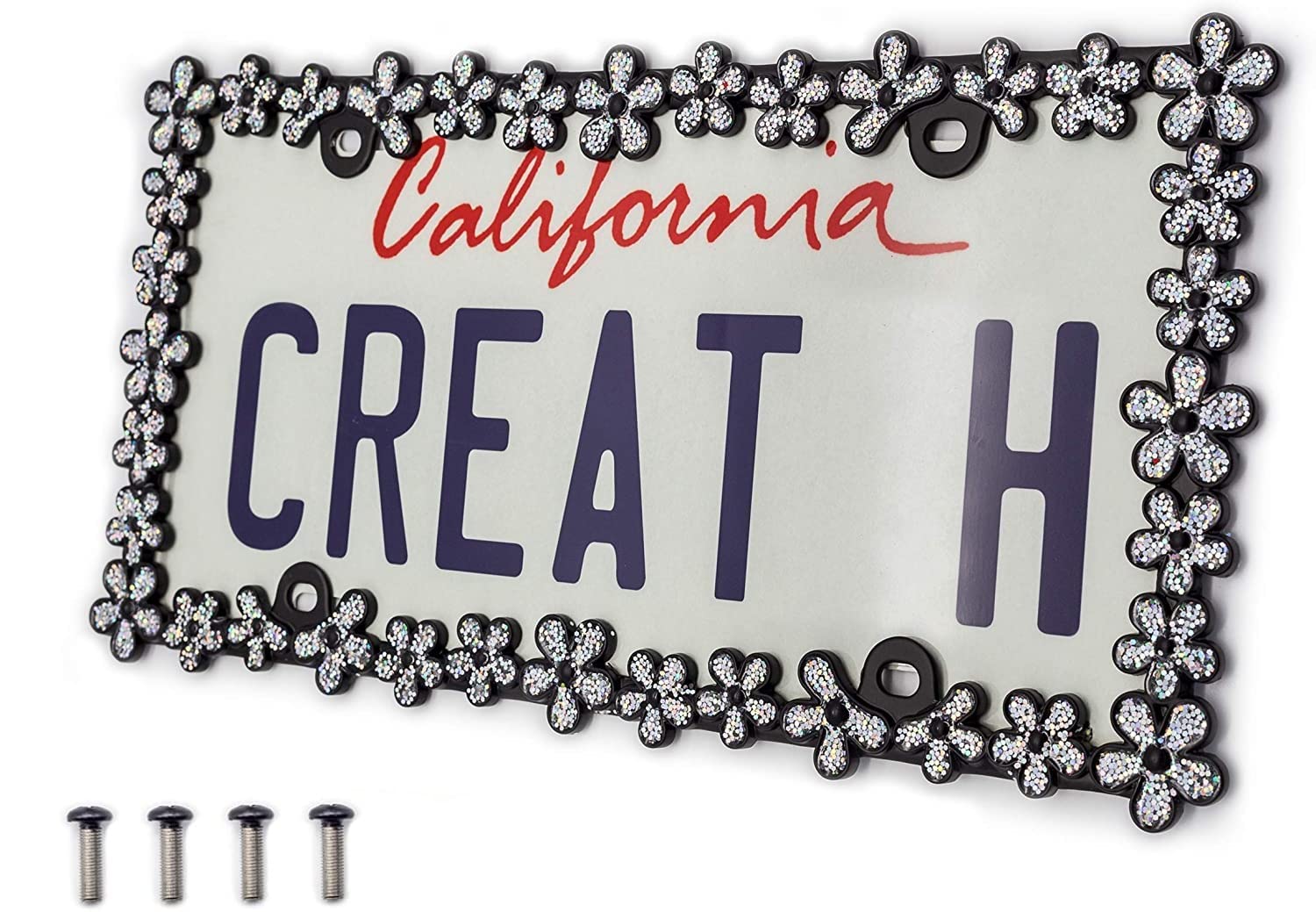 Creathome 3D Shining Daisy Wrenth License Plate Frame From Pure Zinc Alloy Metal Perfect Plate Holder ,Matt Black With Silver Gl