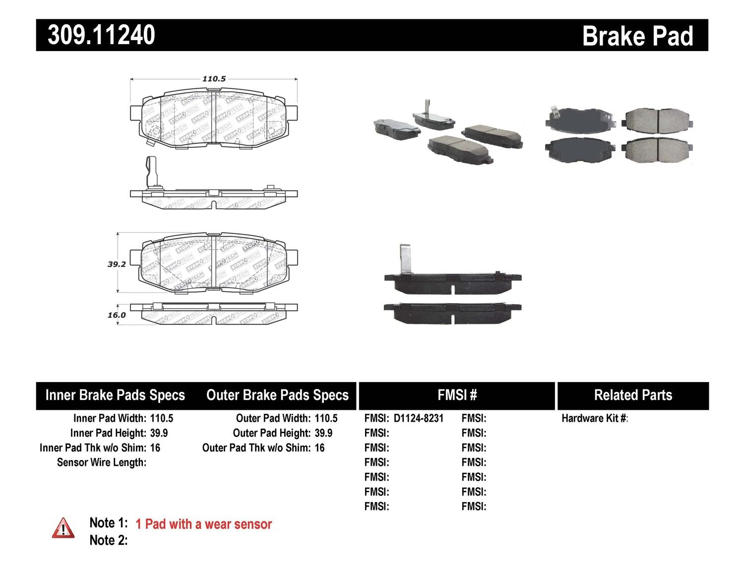StopTech 309.11240 Sport Brake Pads with Shims and Hardware