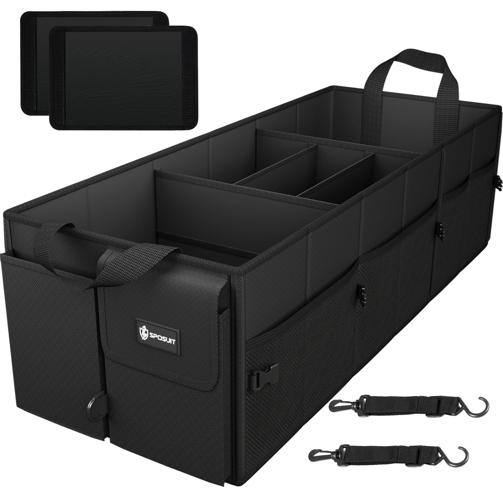 Sposuit Extra Large Trunk Organizer Collapsible Car Storage Trunk Organizer With Removable Dividers & Adjustable Securing Straps