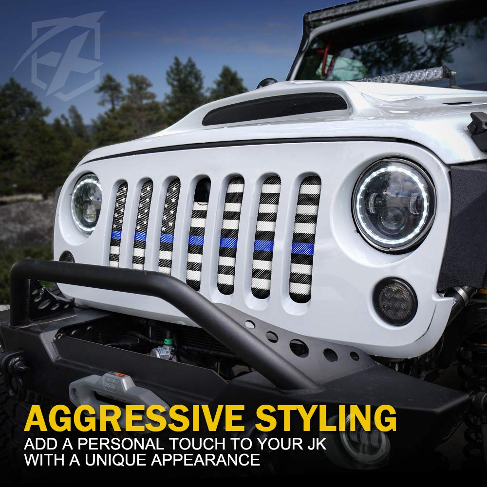 Xprite Aluminum Alloy Grill Mesh Insert Law Enforcement Blue Stripe With Hood Lock Hole Compatible With 2007-2018 Jeep Wrangler
