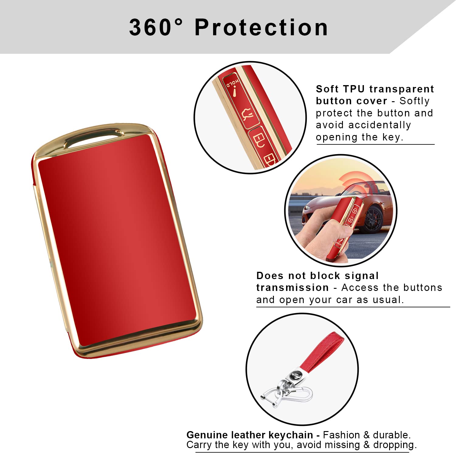 Qbuc For Mazda Key Fob Cover Case With Leather Keychain For 2019-2023 Mazda 3, Mazda 6, Mazda 3 Hatchback, 2020-2023 Mazda Cx-5, Cx-9, Cx-30 (2/3/4 Buttons) (Red)