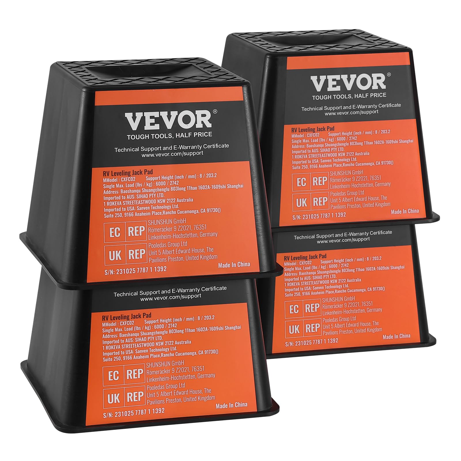 Vevor Trailer Jack Block, 6000 Lbs Capacity Per Rv Leveling Block, Polypropylene Rv Camper Stabilizer Blocks, Rv Travel Accessories Use For Any Tongue Jack, Post, Foot, 5Th Wheels, 4-Pack