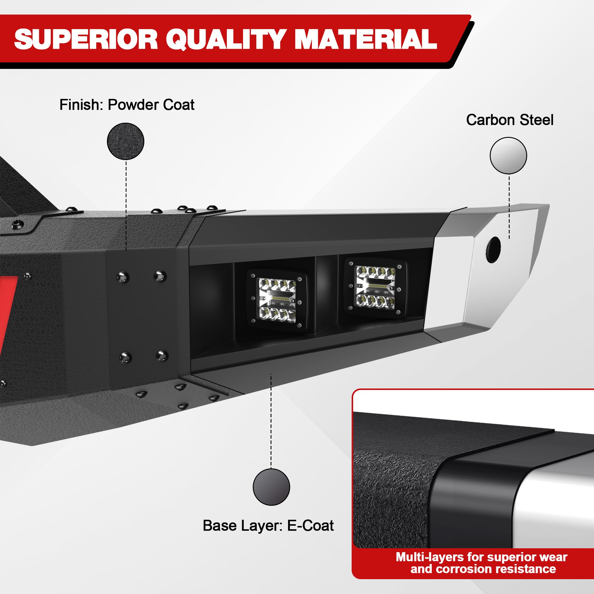 Longsun Front & Rear Bumpers Fit 2015-2017 Ford F150, Full Width Front Bumper & Rear Bumper Combo For F-150 (Excluding Raptor & Ecoboost) Off Road Pickup Truck, With Winch Plate, D-Rings, Led Lights
