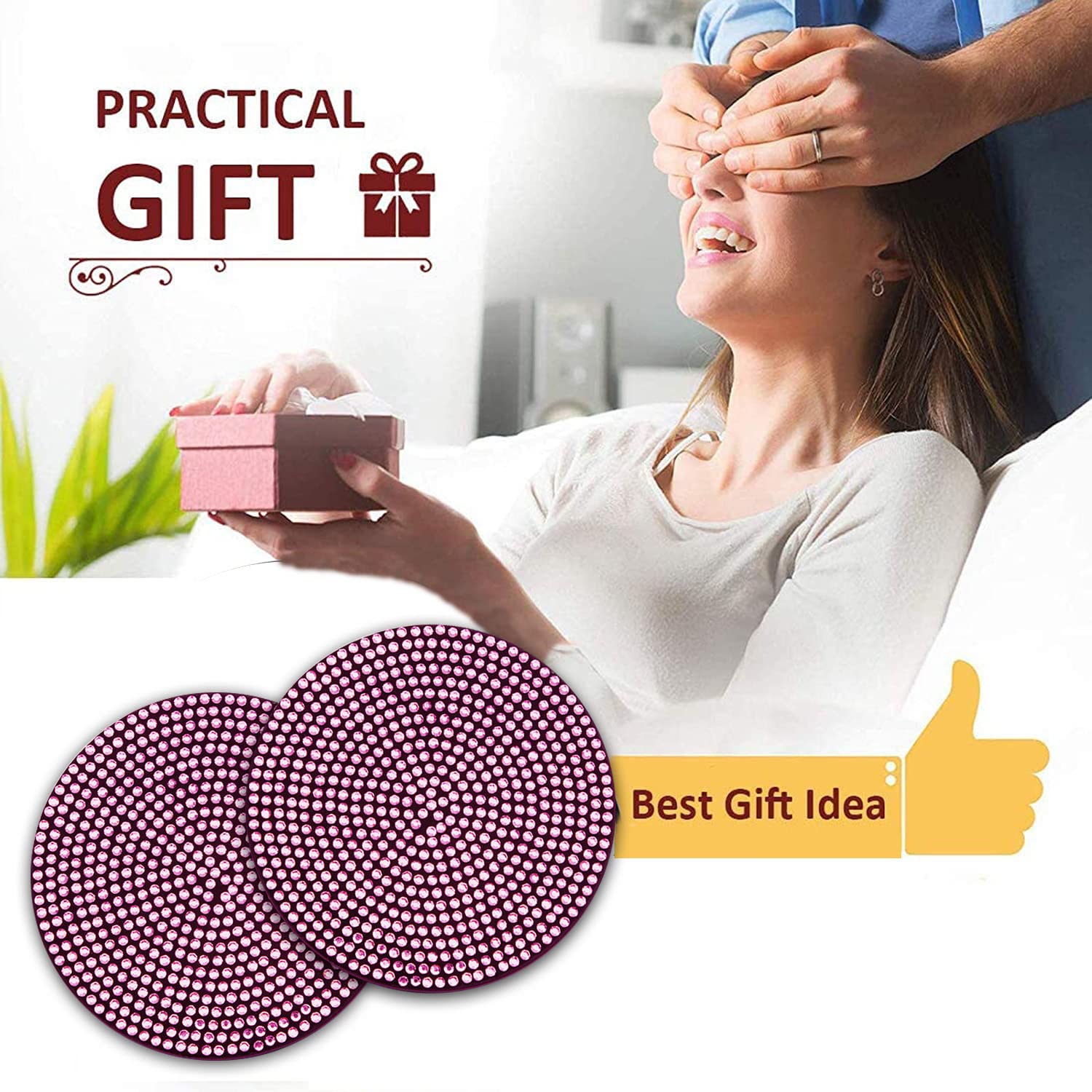 4Pcs Bling Cup Holder Insert Coaster- 2.75 Inch Silicone Anti-Slip Shockproof, Universal Fashion Car Interior Accessories For Women (Pink)