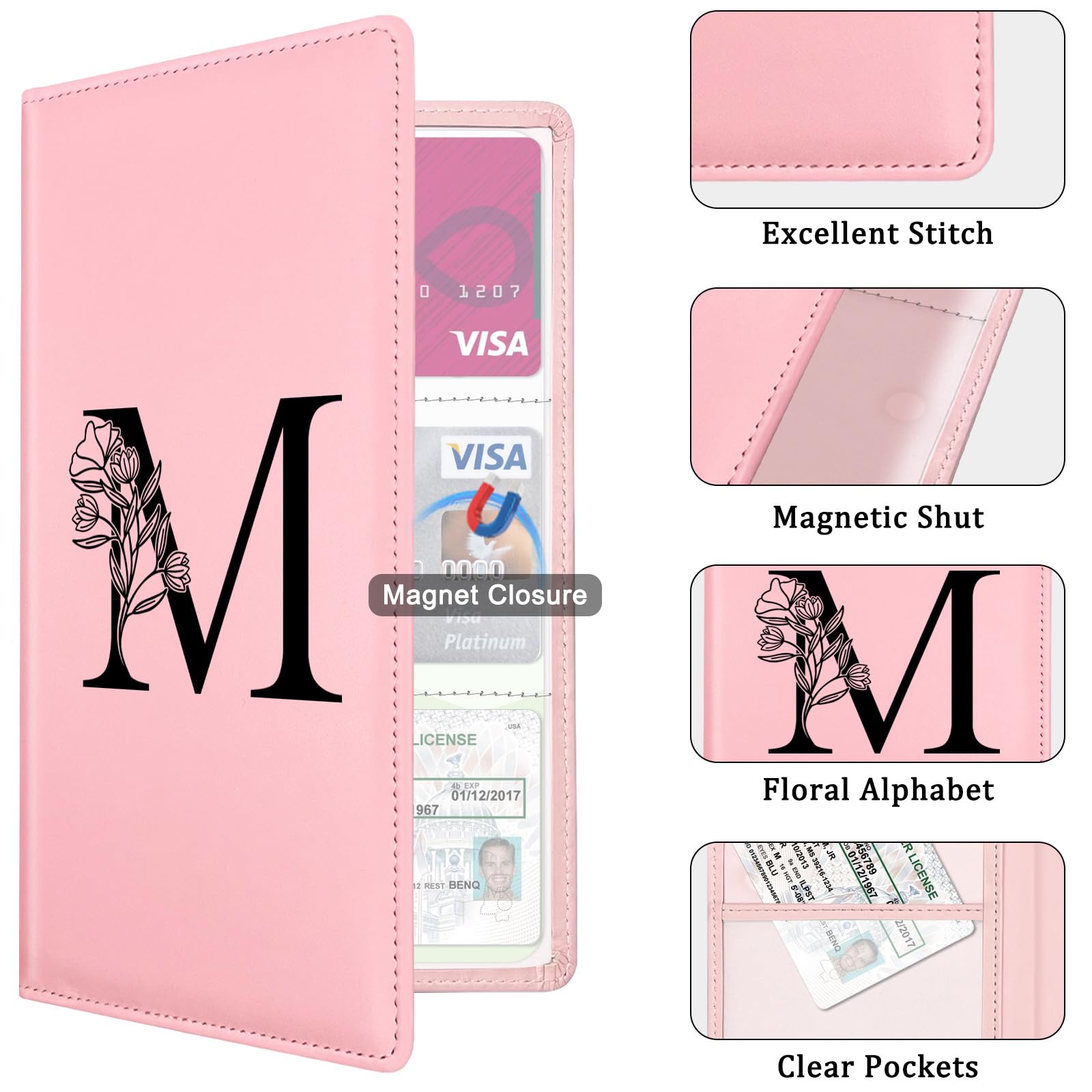 Yeecase Car Registration And Insurance Holder, Car Document Holder With Closure, Pink With Letters Wallet Case Auto Vehicle Car