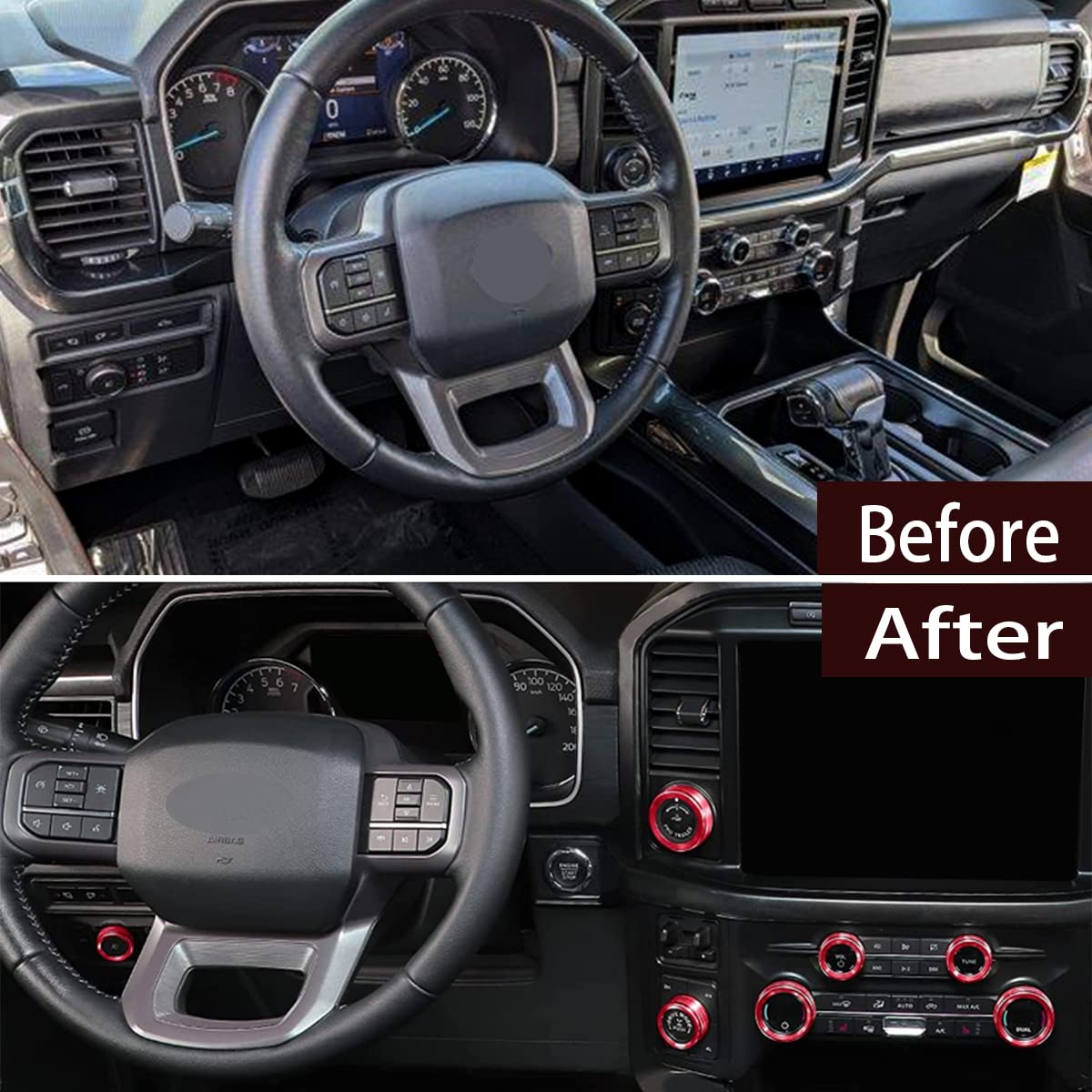 Keptrim For Ford F150 2021 2022 2023 Knob Air Conditioner Switch & Trailer & 4Wd & Vol & Headlight Button Ring Trim, Red Aluminum, 7Pcs