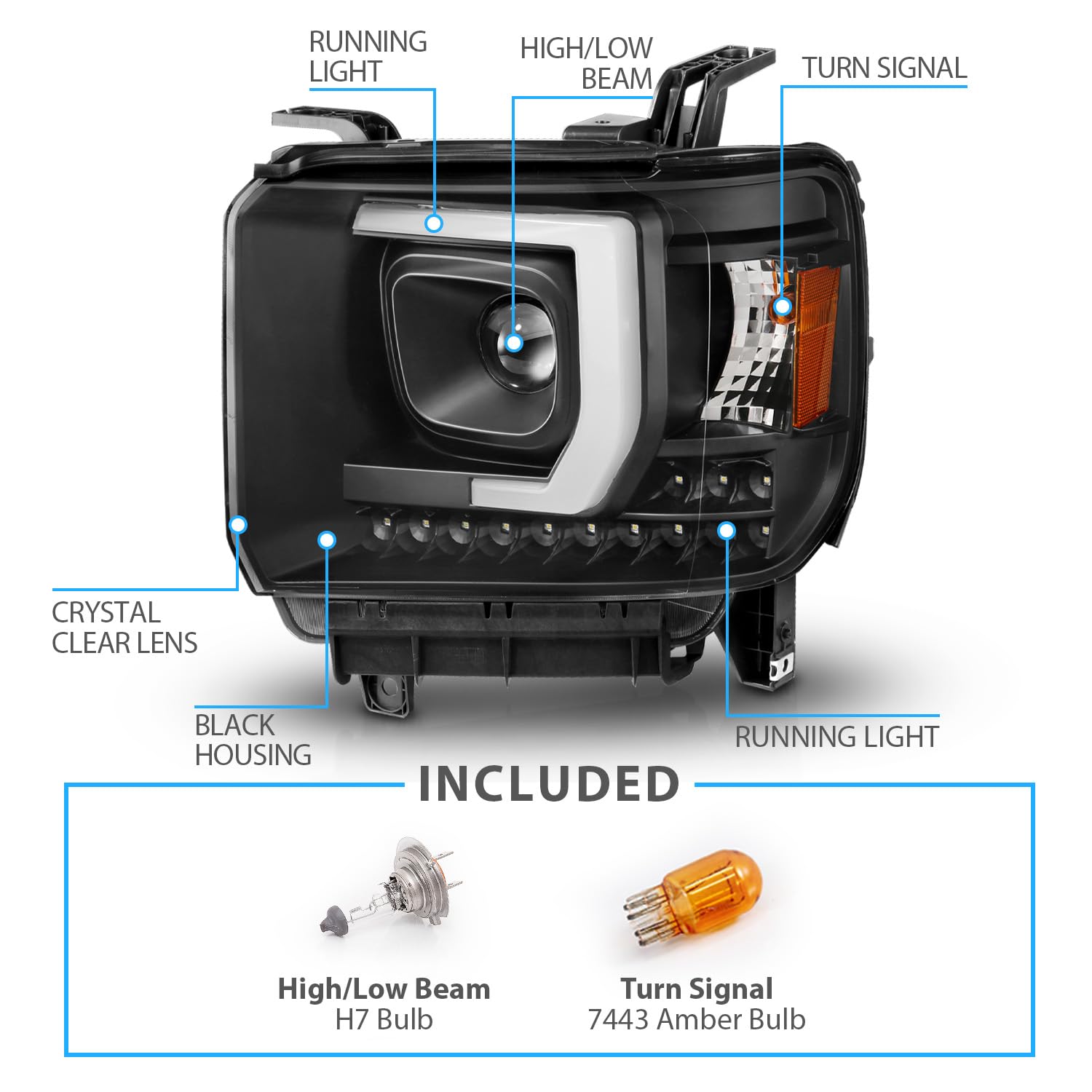 Amerilite Projector Halogen Headlights Led Drl Bar For Gmc Sierra 1500 2500Hd 3500Hd Pickup Truck Driver And Passenger Pair, Vehicle Light Assembly, Black