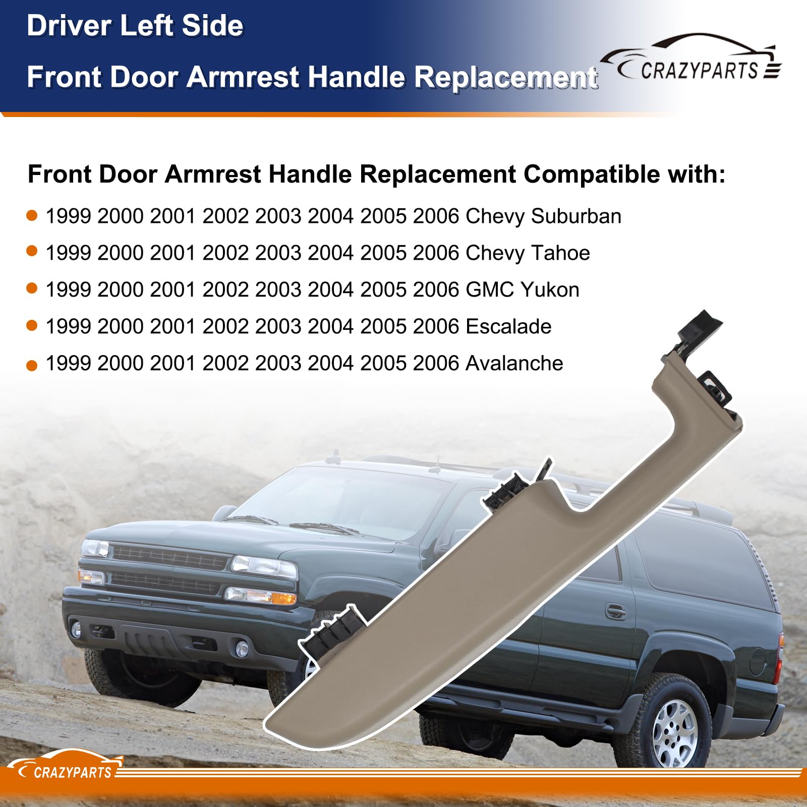 Crazyparts Driver Left Side Front Door Armrest Handle Replacement Compatible With 1999-06 Chevy Suburban/Tahoe, Gmc Yukon/Avalan