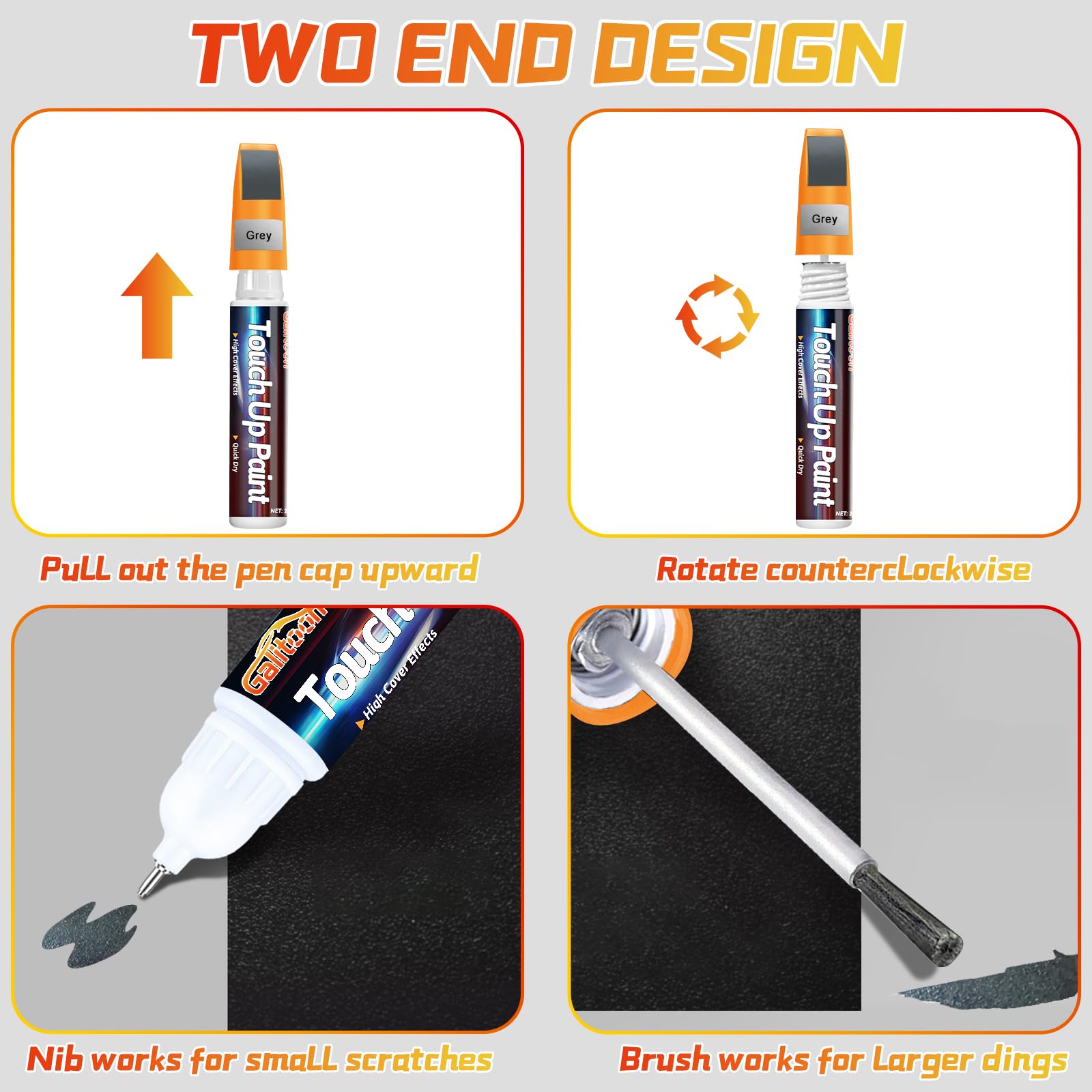 Grey Touch Up Paint Pen For Cars, Car Paint Scratch Repair, Two-In-One Car Touch Up Paint Fill Paint Pen, Quick & Easy Solution