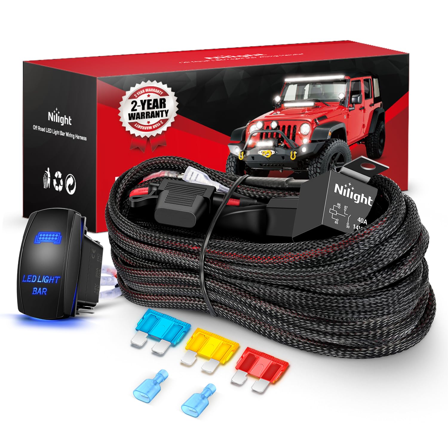 Nilight Wiring Harness Kit Nylon 14 Awg 1 Lead 12V 5Pin Rocker Switch Laser On Off Power Relay Blade Fuse For Led Light Bar Off