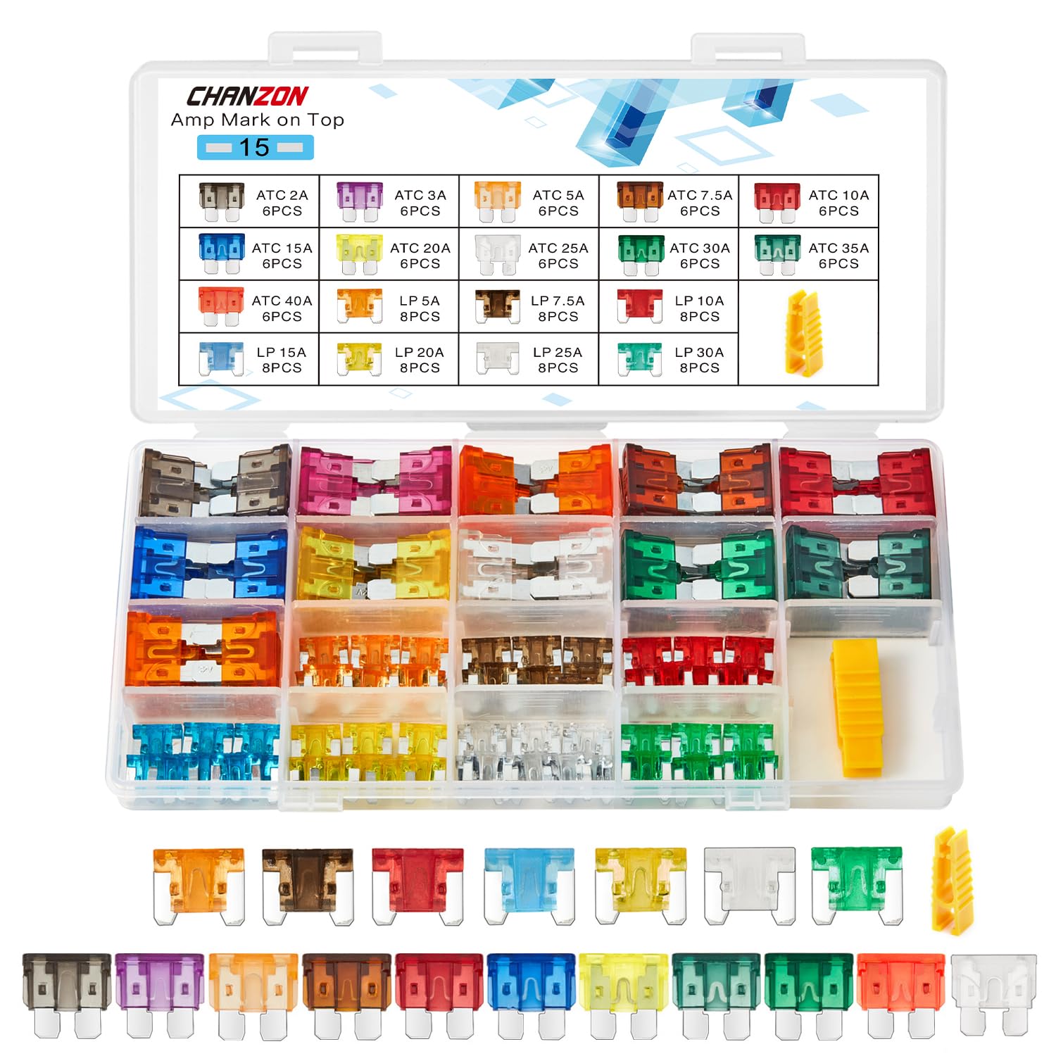 Chanzon 122 Pack Standard&Micro Blade Fuse Assortment Kit Atc/Lp 18 Values Different Counts Each:2A,3A,5A,7.5A,10A,15A, 20A, 25A