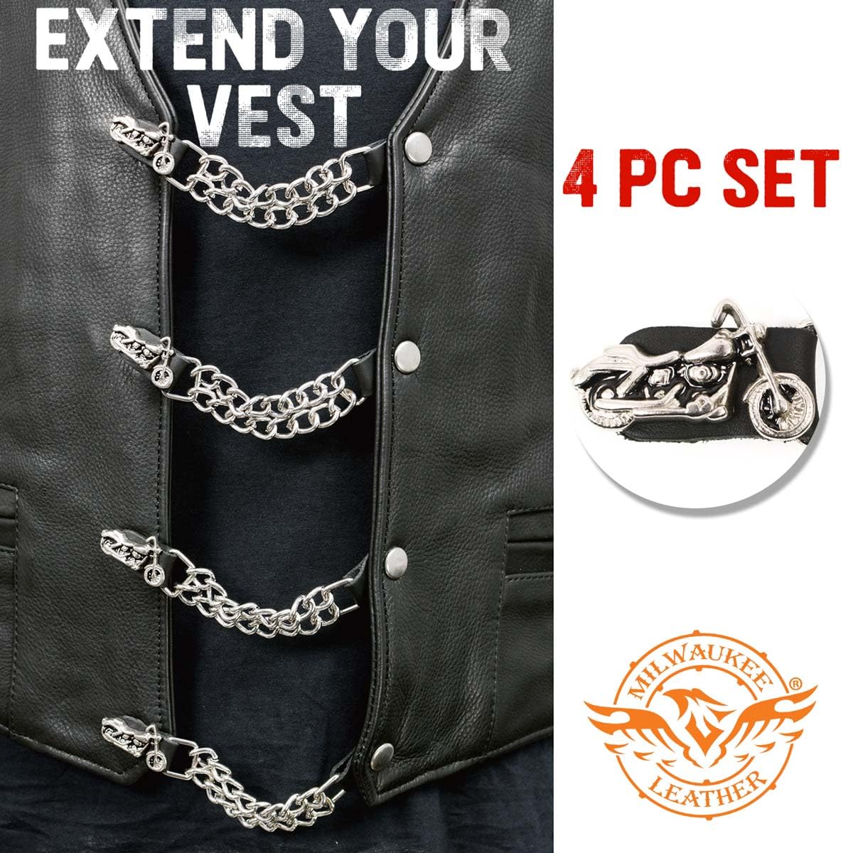 Milwaukee Leather Motorcycle Medallion Vest Extender - Double Chrome Chains Genuine Leather 6.5 Extension 4-PCS MLA6006SET - 4
