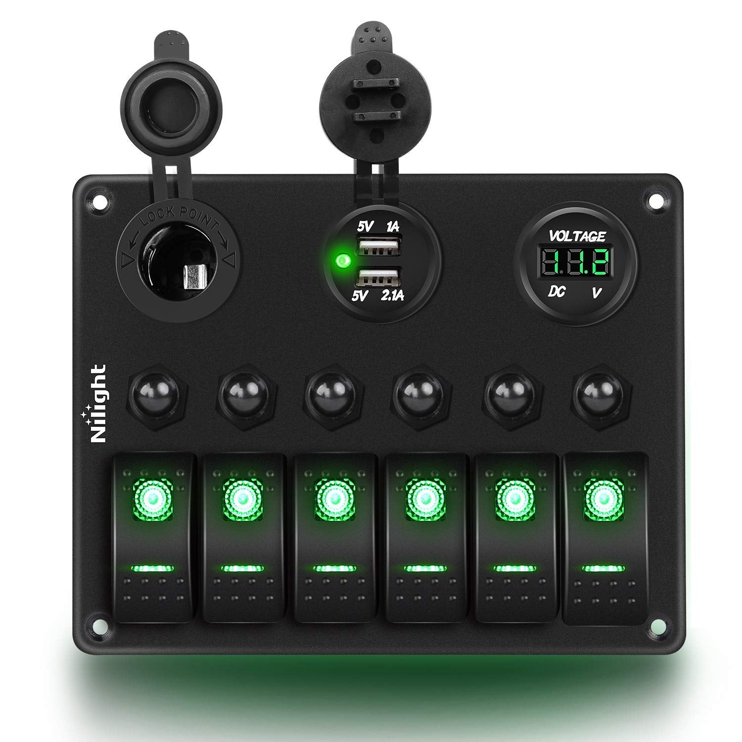 Nilight - 90123F 6 Gang On Off Rocker Switch Panel Green Backlit 12V24V Led Digital Voltmeter Dual Usb Charger Cigarette Lighter Socket Overload Protection Switch Panel For Cars Rvs Boats