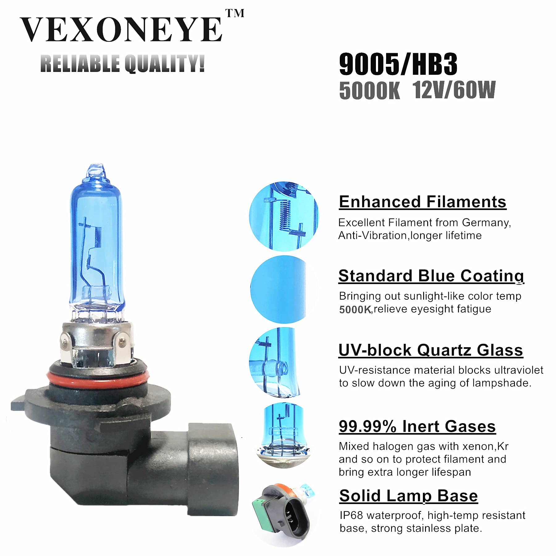 Vexoneye 9005/Hb3 Halogen Headlight Bulb 12V 60W 5000K White Lights Bulbs Headlamp Super Bright
