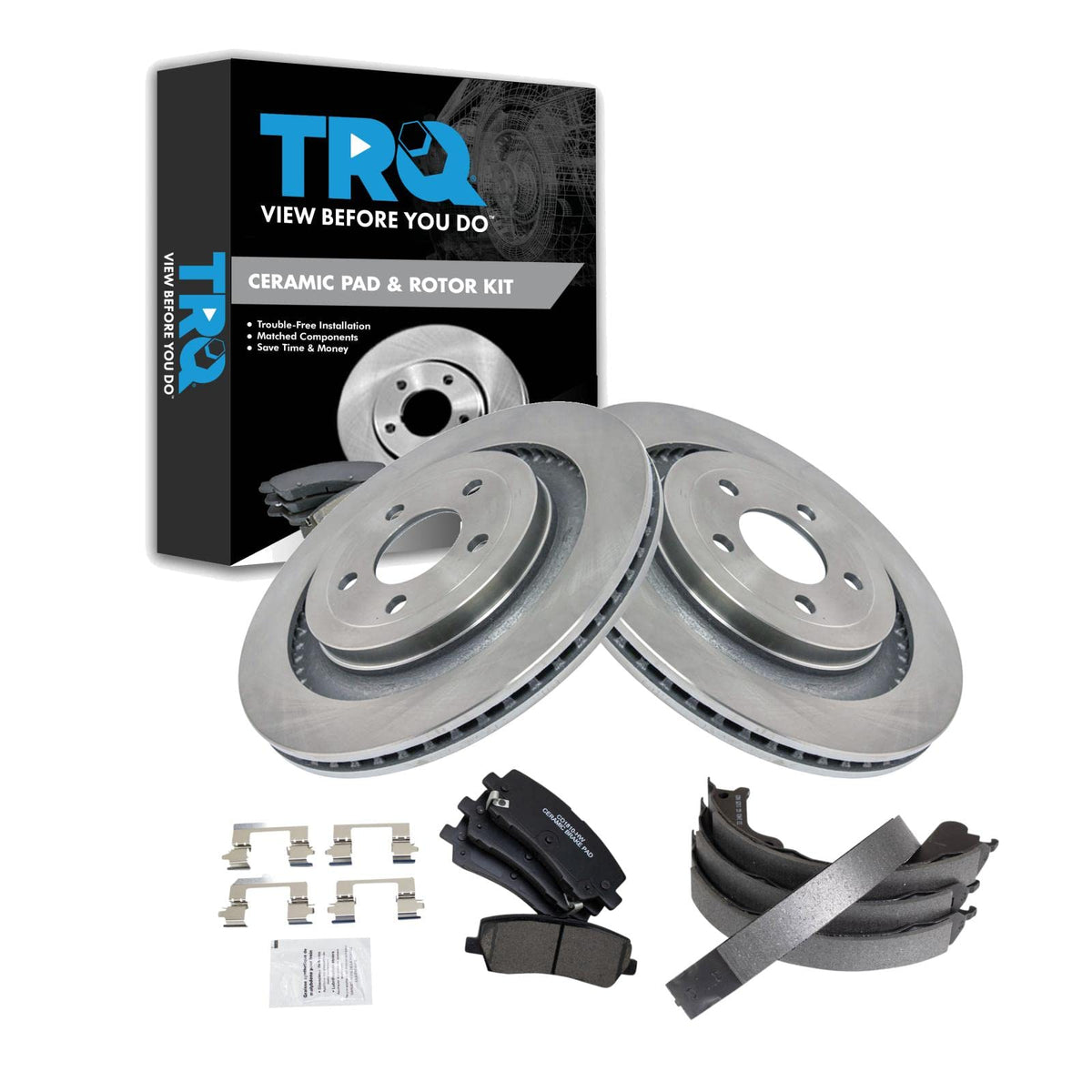 Trq Rear Brake Pad & Rotor Kit Brake Pads Brake Rotor Parking Brake Shoe Set Ceramic Compatible With 2015-2018 Ford Mustang
