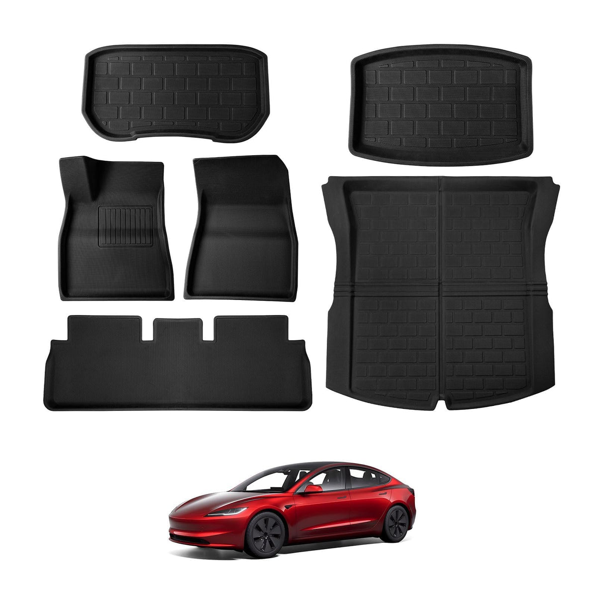 Basenor 2025 Upgraded 6Pcs Tesla Model 3 Floor Mats All-Weather Car Mats Anti-Slip 3D Material Cargo Liner Trunk Mat For 2024 20