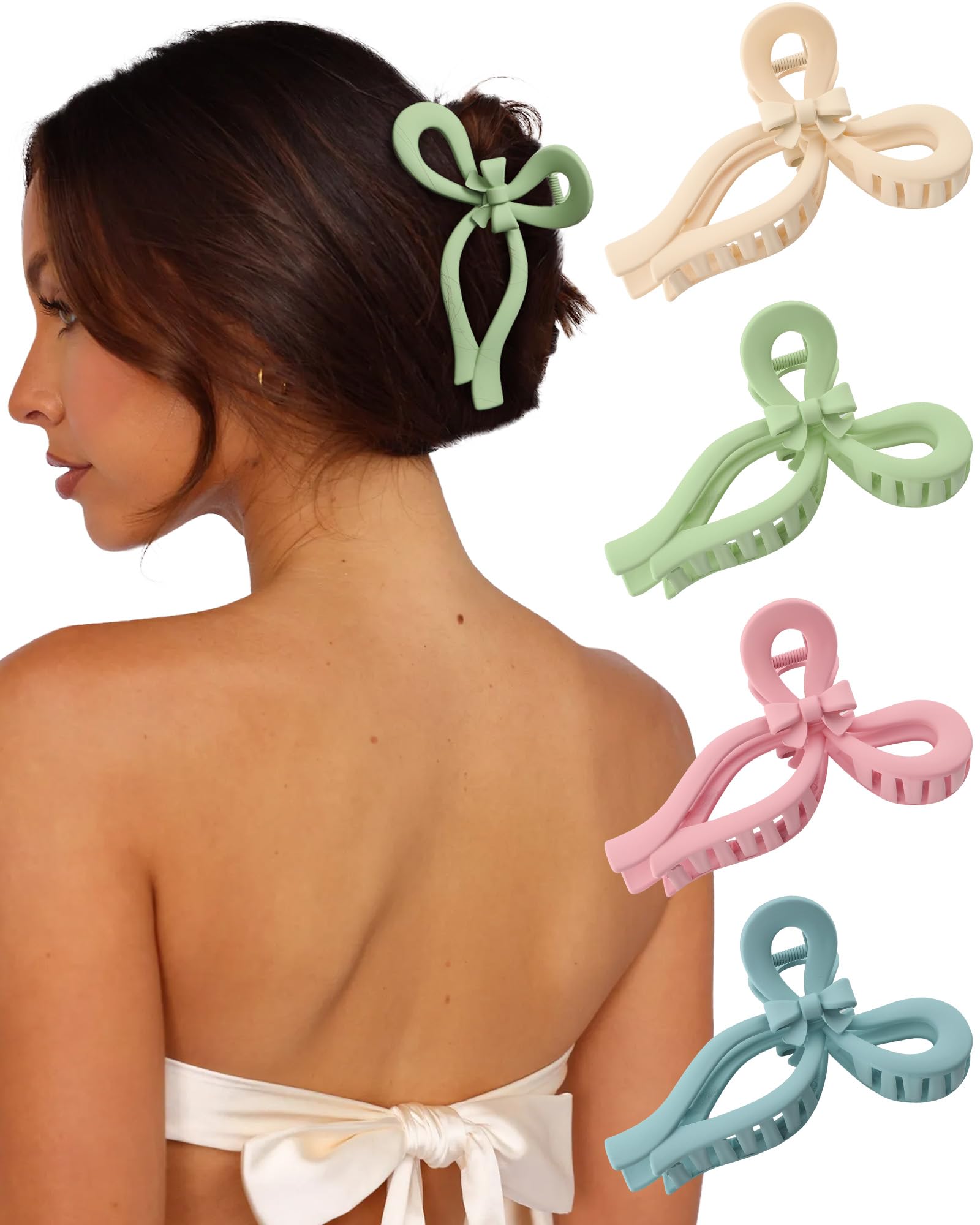 4 PCS Bow Hair Clips Bow Claw Clip for Women Nonslip Large Hair Claw Clips for Thin and Thick Hair Strong Hold Hair Bows (Pink+Blue+Green+Off-White)-New