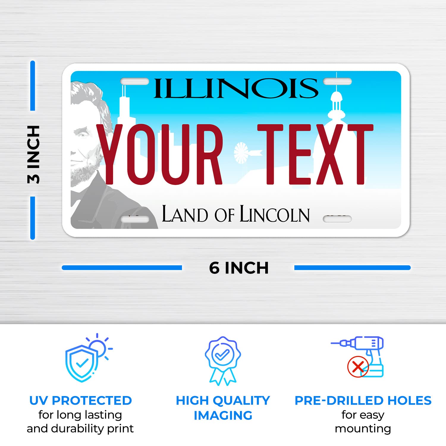 Custom Illinois, Mini License Plate, Personalized 50 States Fake License Plate For Front Of Car Sign, 3X6 Inches, Rust Free .040 Aluminum, Fade Resistant, Made In The Usa By Sigo Signs,