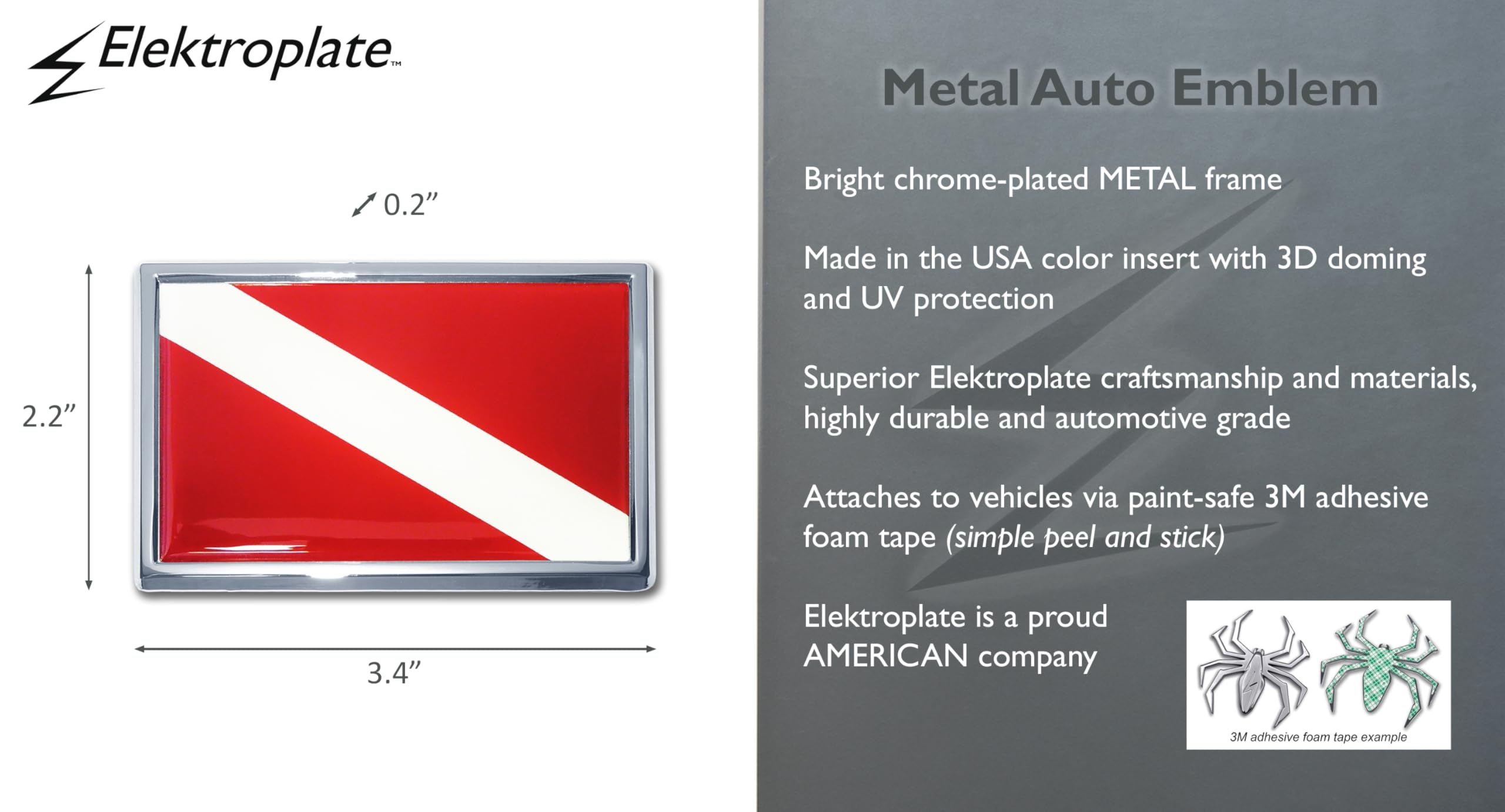 Elektroplate Premium Small Scuba Diver Down Flag All Metal Chrome Emblem For Cars | Universal Fit At 2.5 X 3.4 | Weatherproof