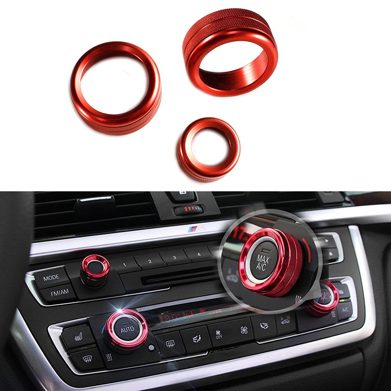 Xotic Tech Center Console Ac Climate Control Radio Volume Knob Ring Covers Compatible With Bmw 1 2 3 3Gt 4 Series F20 F22 F30 F31 F32 F33 F80 F82 F87 (Red Anodized Aluminum) - 3Pcs