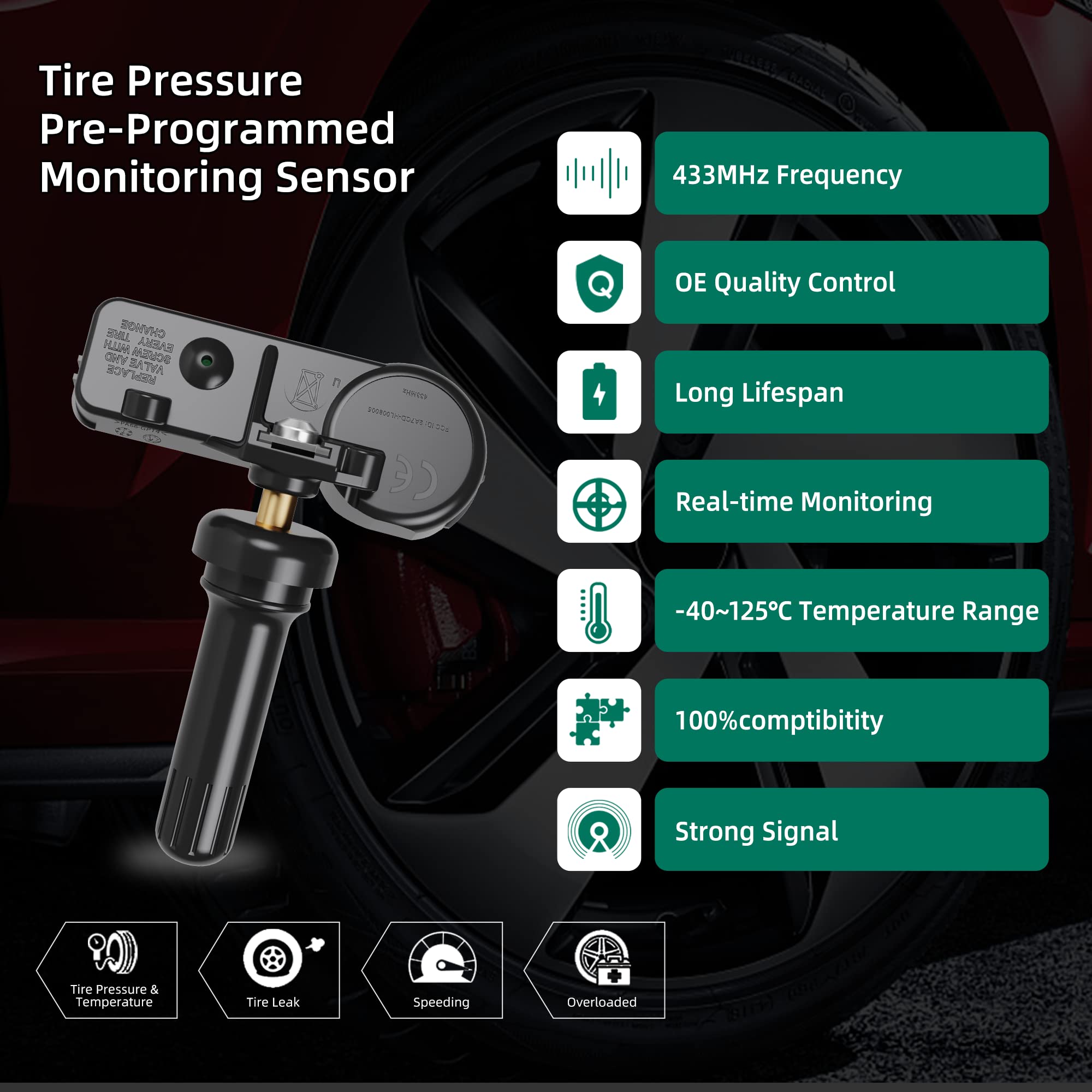 Cdwtps Tpms Sensor, 433Mhz Tire Pressure Monitor System Compatible With Chrysler Dodge Jeep Ram Fiat Replaces#56029398Ab 6824106