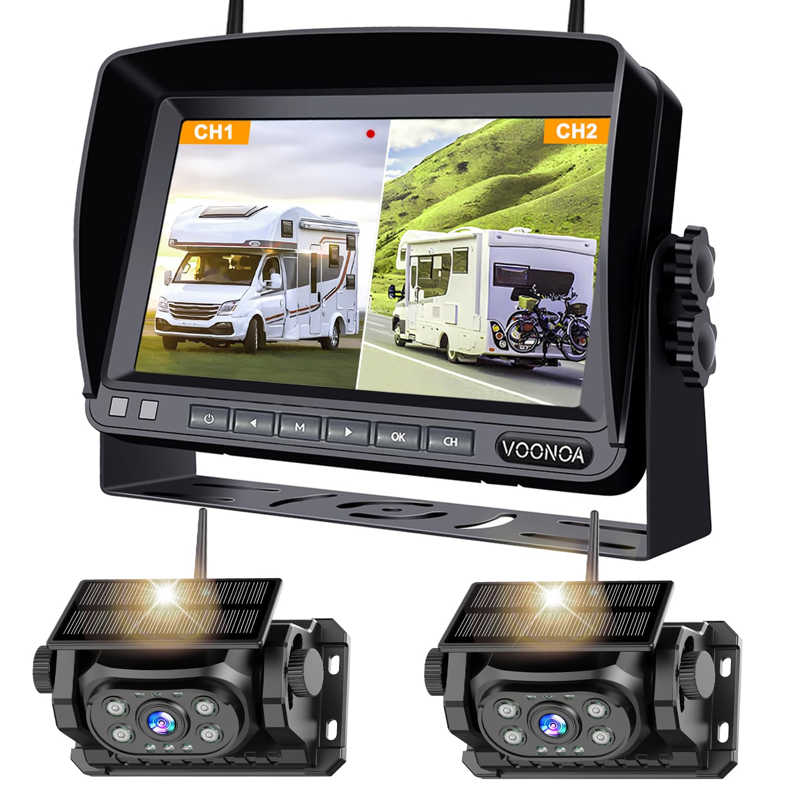 Voonoa 2 Magnetic Solar Wireless Backup Camera With 7'' Hd 1080P Dvr Monitor System, 9600Mah Rechargeable Waterproof Dual Revers