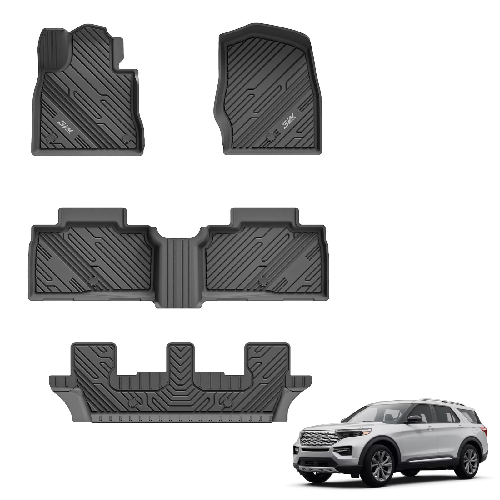 3W Floor Mats Custom Fit For 2020-2023 2024 2025 Ford Explorer 7 Passenger, All Weather Tpe Full Set Car Accessories Floor Liner