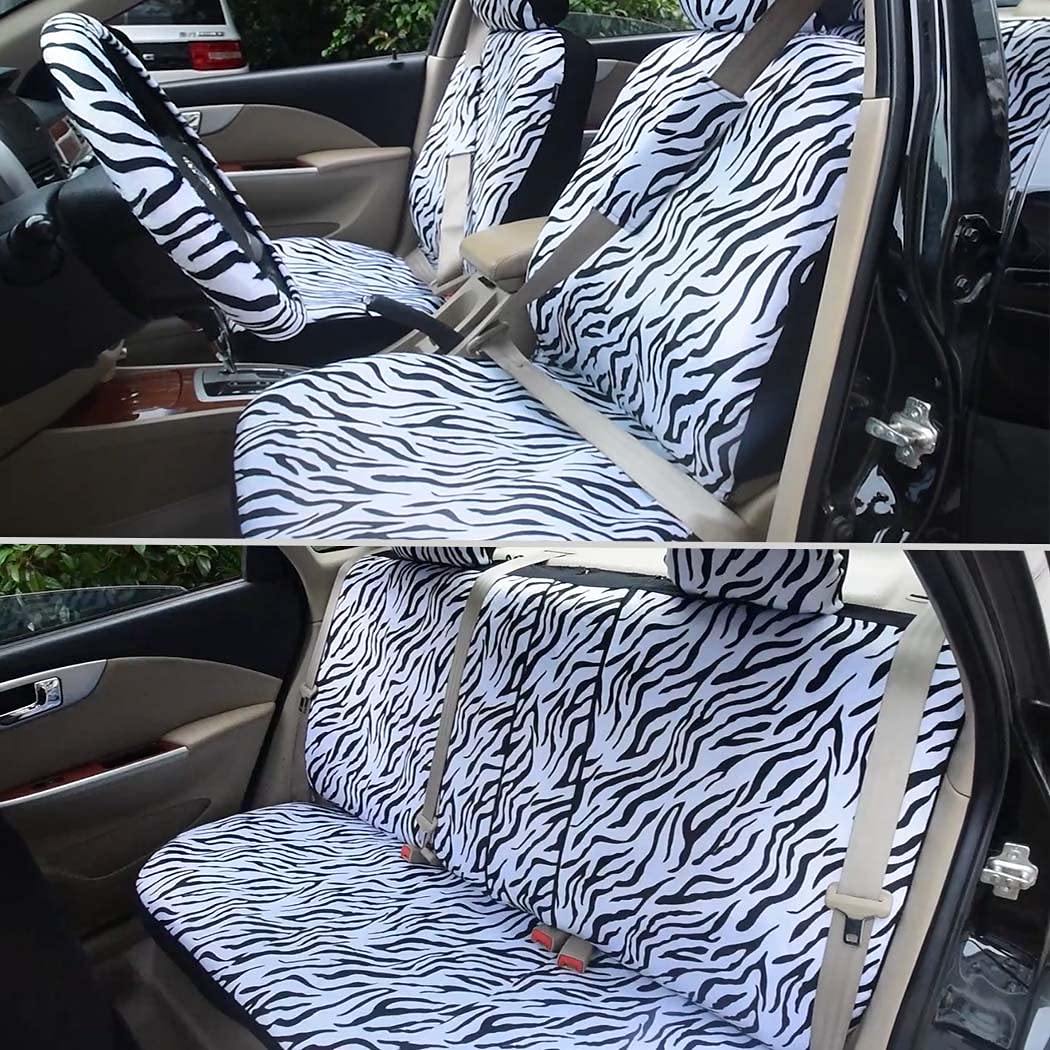 Autofan Zebra Car Seat Covers For Full Set With 2 Seat Belt Pads & Universal 15 Inch Steering Wheel Cover Fit For Cars, Trucks,