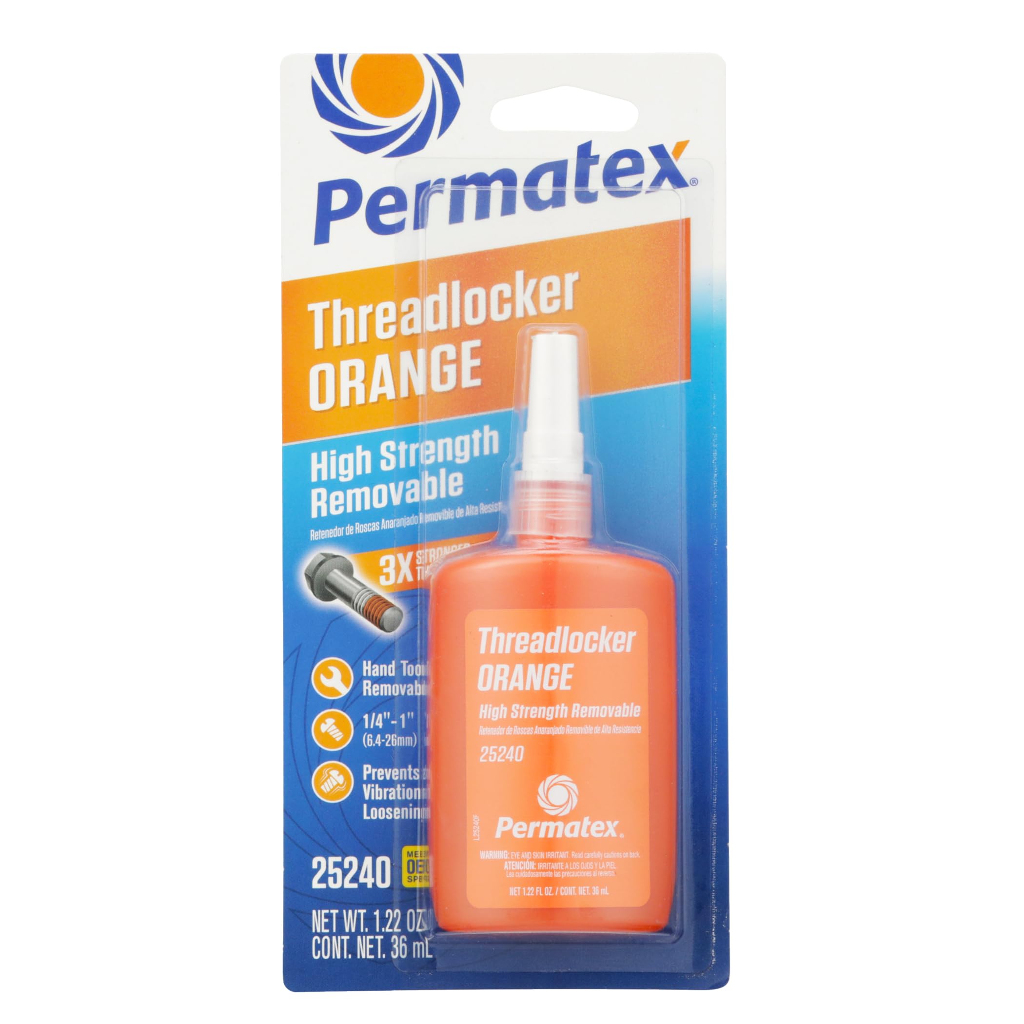 Permatex 25240 High Strength Removable Threadlocker Orange Liquid, 36 Ml