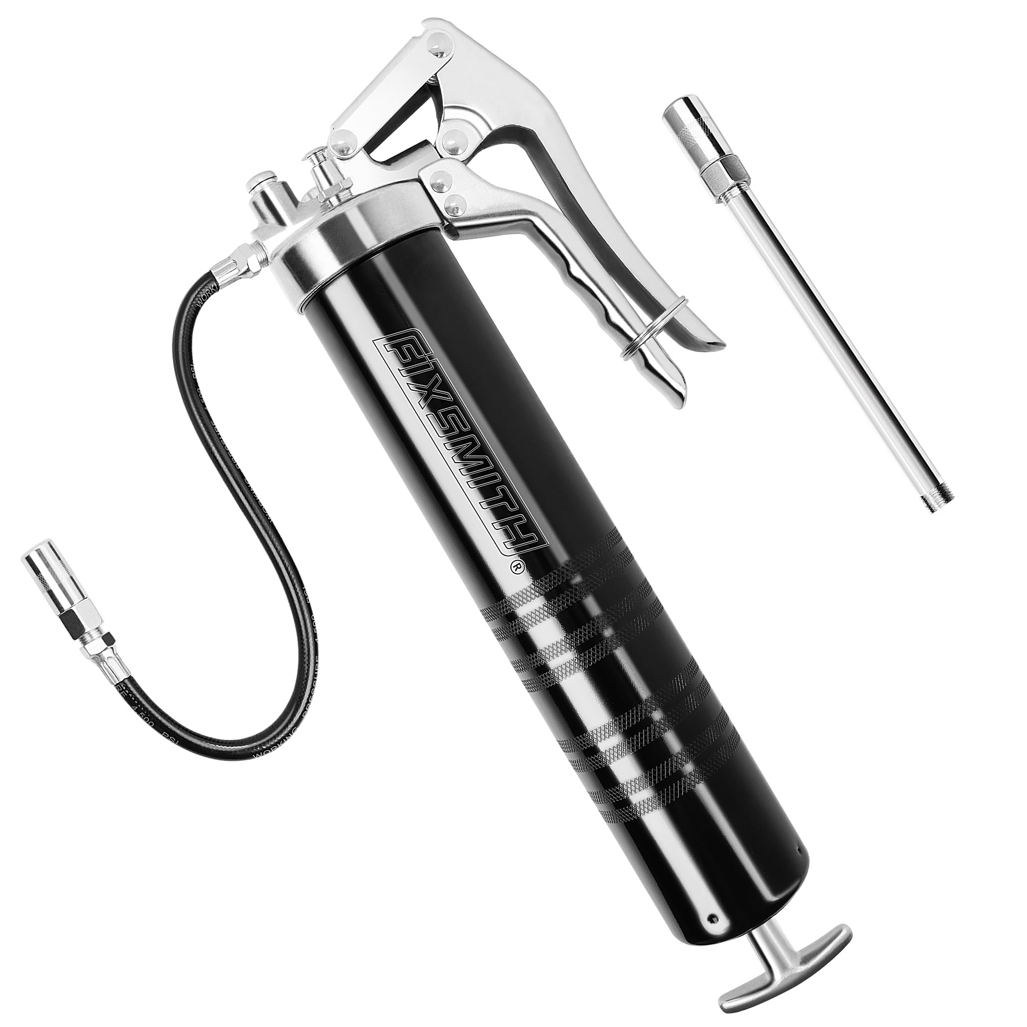 FIXSMITH Grease Gun, 8000 PSI Heavy Duty Pistol Grip Grease Gun Kit, Includes 12'' Reinforced Flexible Hose & 6.6'' Rigid Extens