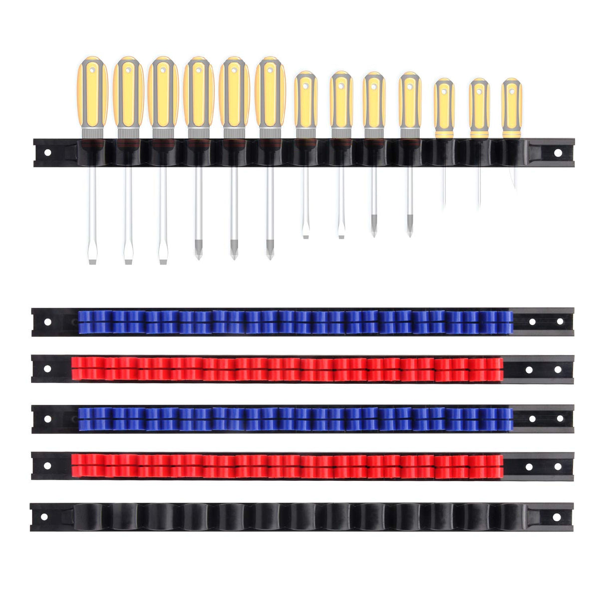 Casoman 6 Piece Screwdriver Organizer And Wrench Organizer, Hand Tool Holder, Plastic Rail Wrench Hanger With Clips
