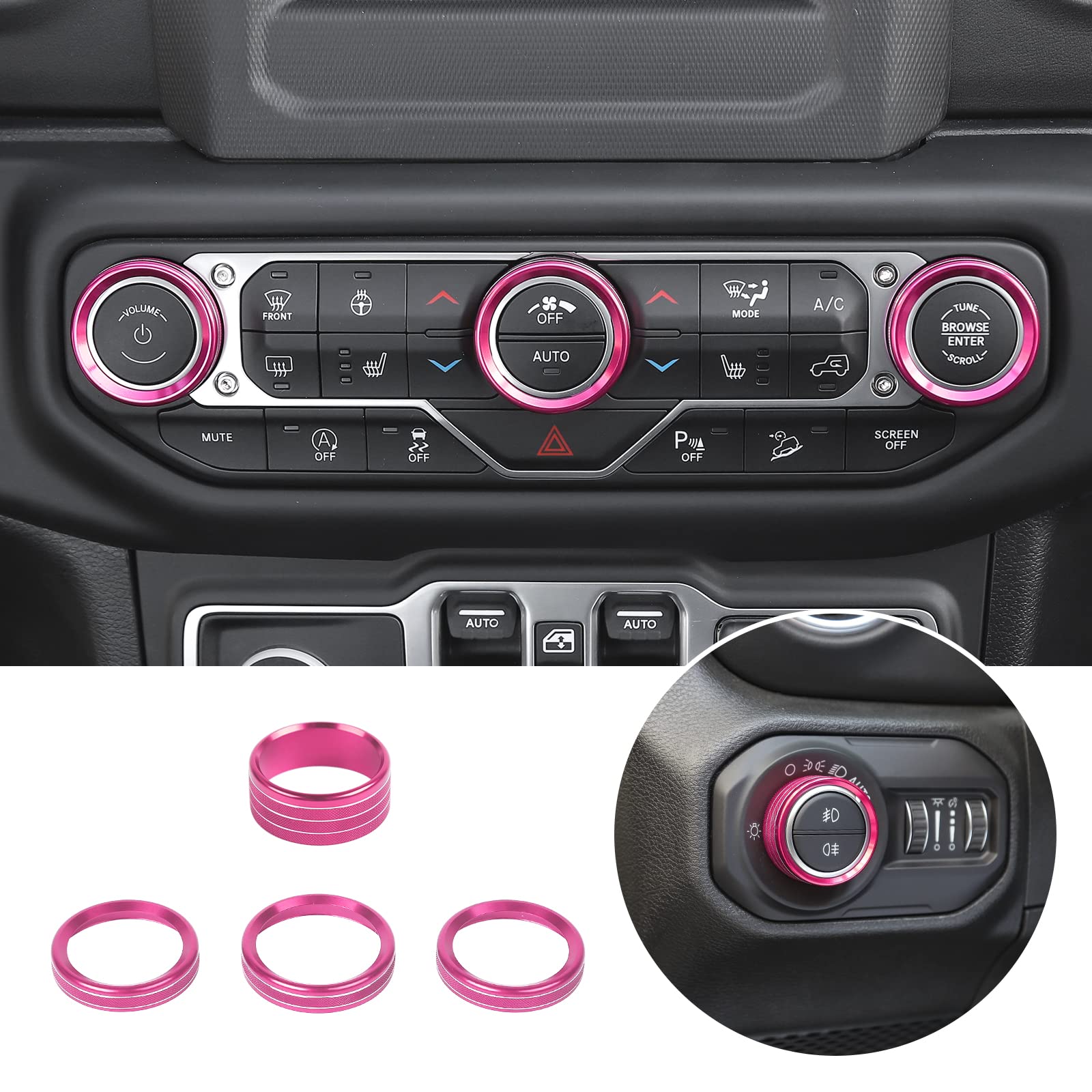 Voodonala Air Conditioner Headlight Switch Knob Trim For 2018-2024 Jeep Wrangler Jl Jlu Gladiator Jt,Thin Pink Aluminum Alloy 4P