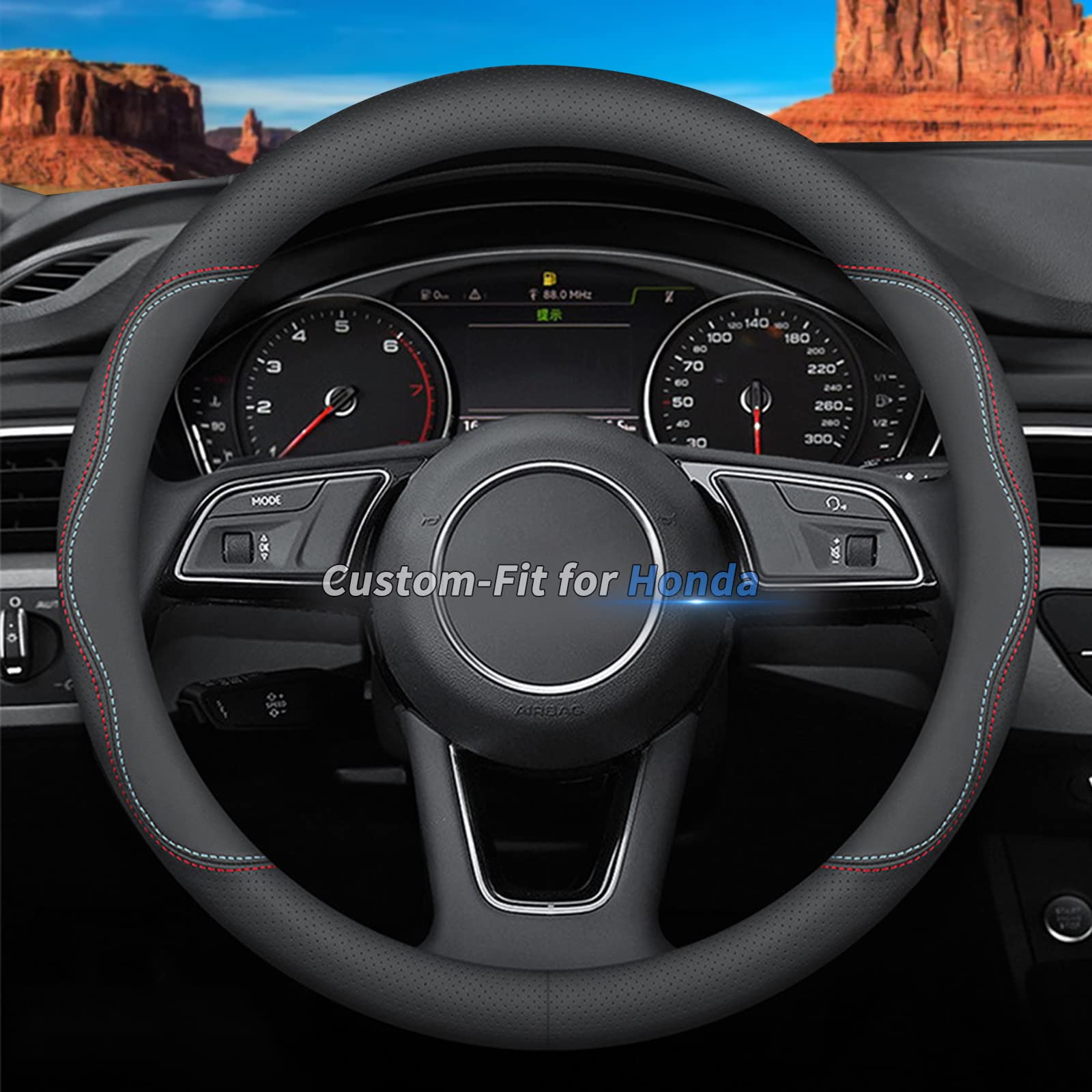 Deer Route Custom-Fit For Honda Steering Wheel Cover, Premium Leather Car Steering Wheel Cover With Logo, Non-Slip, Breathable,