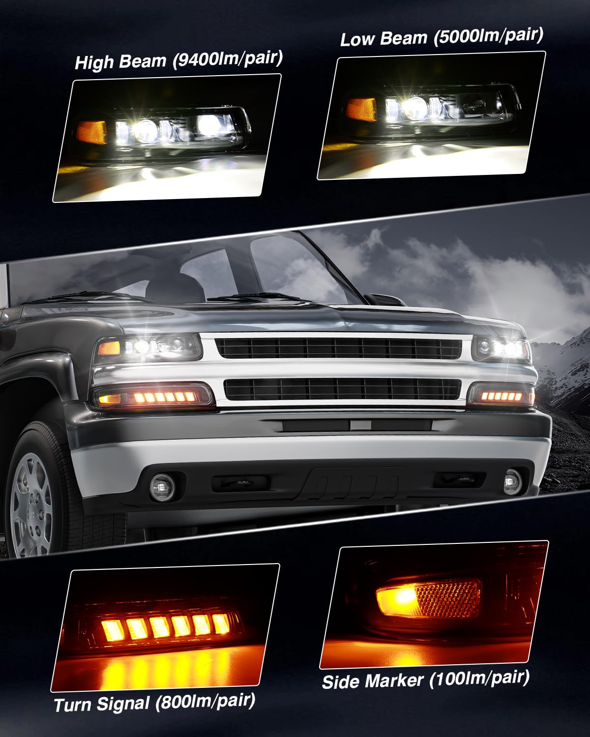 Led Headlights Assembly With Hi/Low Beam Turn Signal Lights Bulbs Compatible With 1999-2002 Chevy Silverado 1500 2500 3500, 2000