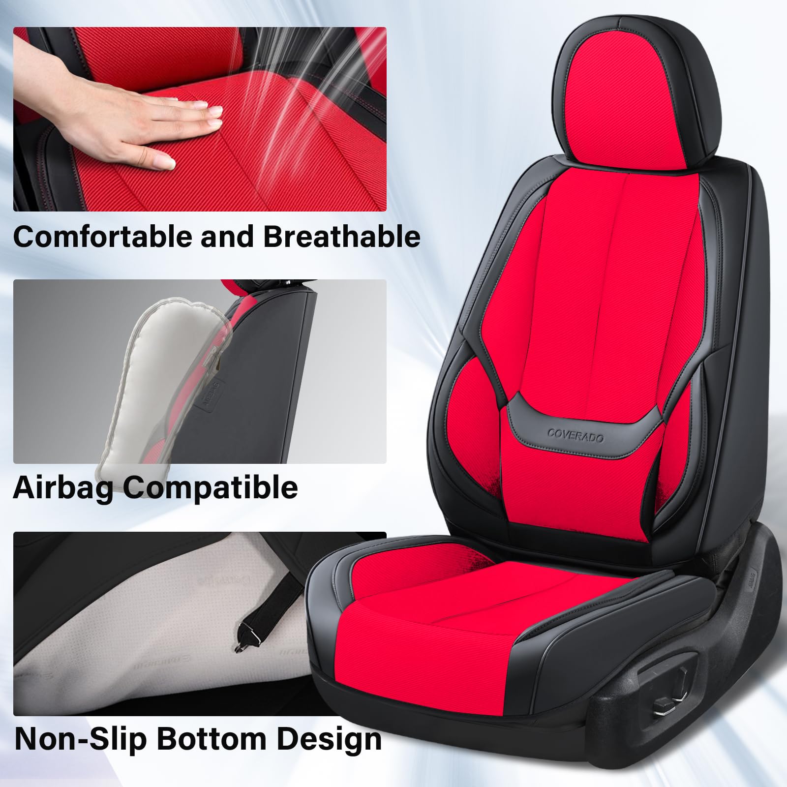 Coverado Seat Covers Full Set, Breathable Fabric&Leather Car Seat Cover, 5 Seats Universal Car Seat Protectors, Seat Cover Water