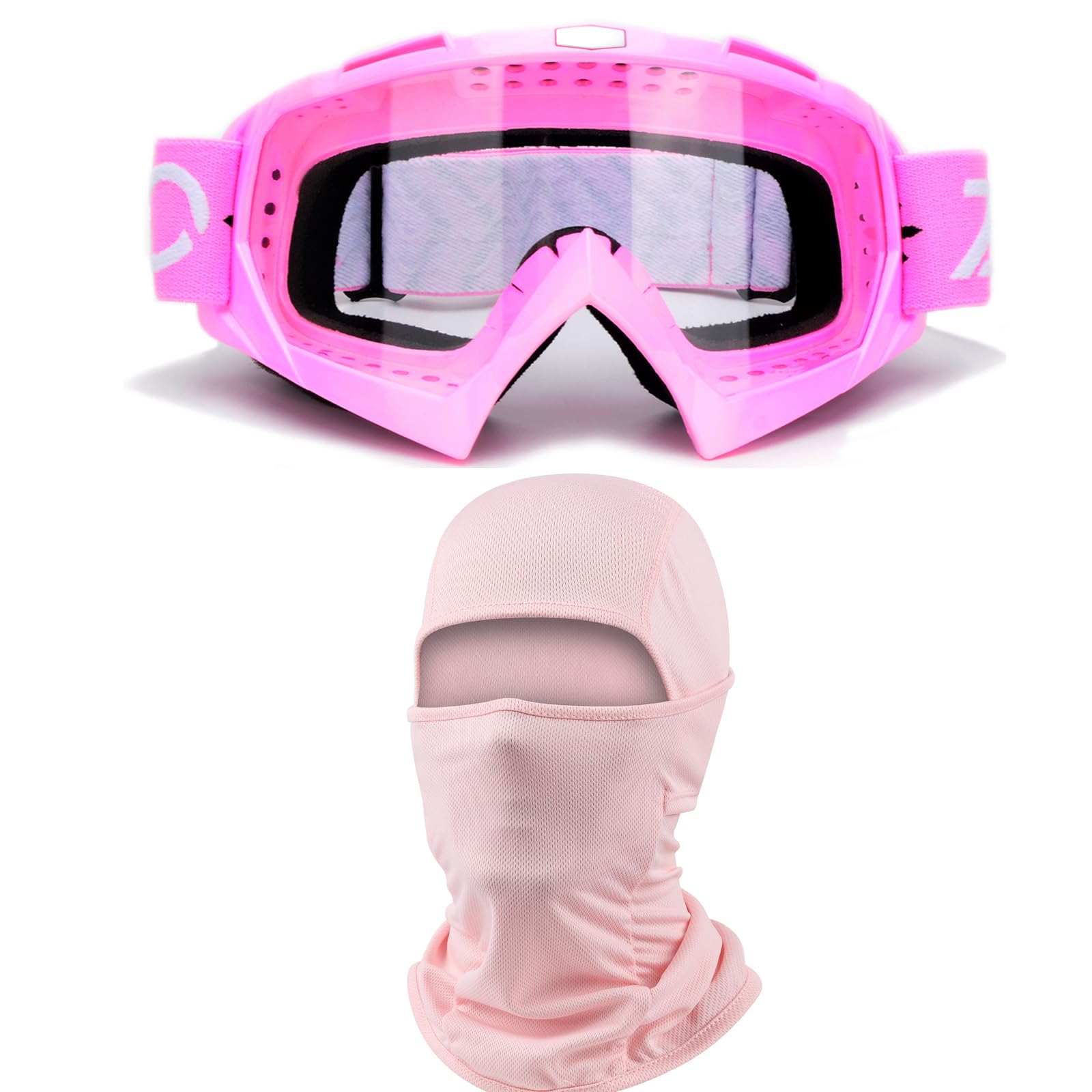 ZJNUO ATV Goggles with Balaclava face Mask for Men Women and Youth, Dirt Bike Motorcycle Motocross Riding Ski Goggles (Pink Clea