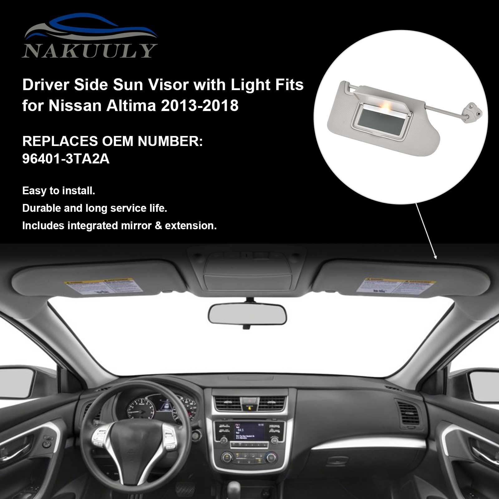 Nakuuly Right Passenger Side Sun Visor Gray With Light, Without Sunroof Compatible With Nissan Altima 2013 2014 2015 2016 2017 2018, Replaces # 96400-3Ta2A