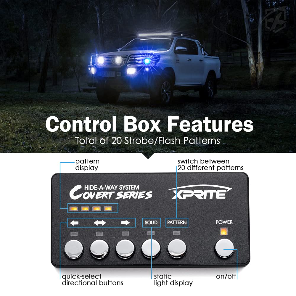Xprite Blue Led Hideaway Strobe Police Lights Kit, 20 Flashing Patterns W/Control Panel For Headlights Taillights Hazard Warning