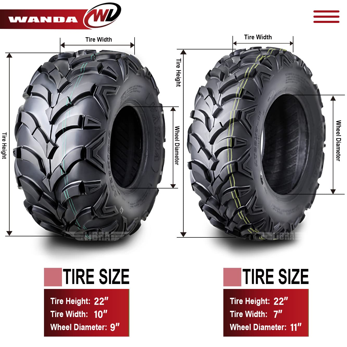 Wanda Set 4 At Master Atv/Utv Tires 22X7-11 Front & 22X10-9 Rear /6Pr P341 - Solid Mud Deep Tread 10250/10251