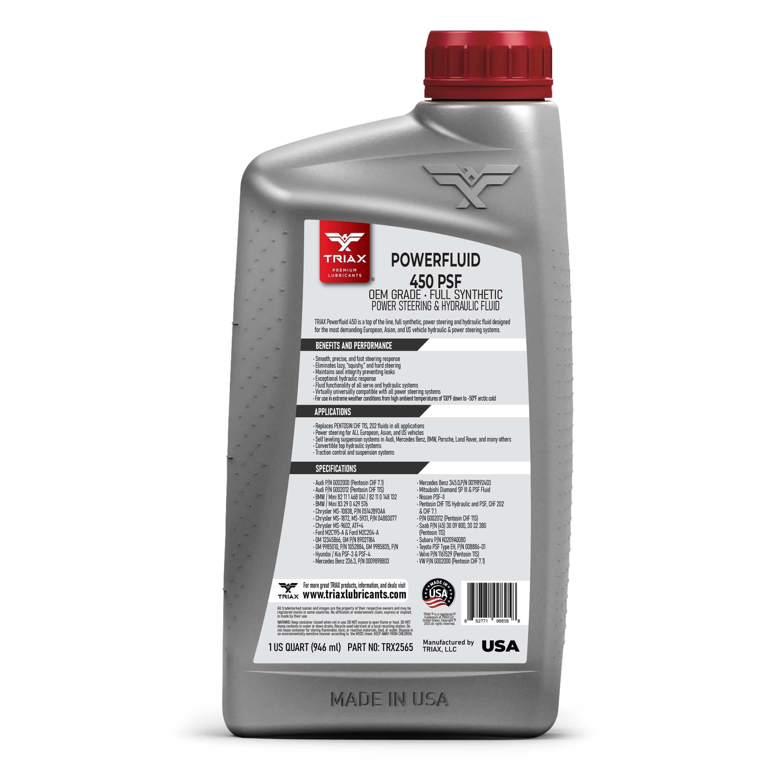 Triax Powerfluid 450 Psf - Chf 11S Long - Life Synthetic Hydraulic & Power Steering Fluid Compatible With Audi, Bentley, Bmw, Ch