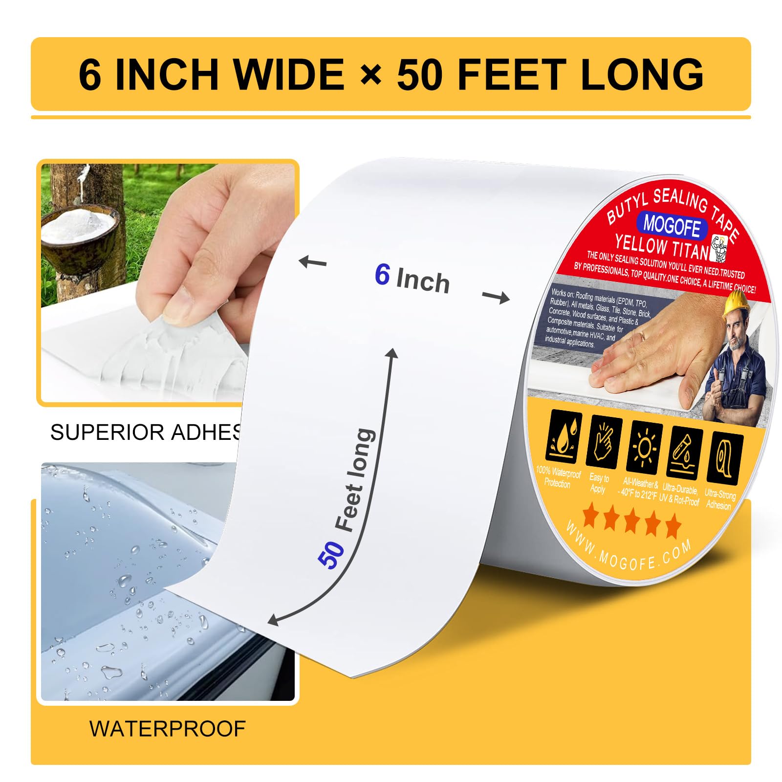 MOGOFE RV Roof Sealant Tape White, 6 Inch x 50 Feet RV Repair Roof Sealer Seal Tape UV-Resistant Waterproof Sealant Tape for RV