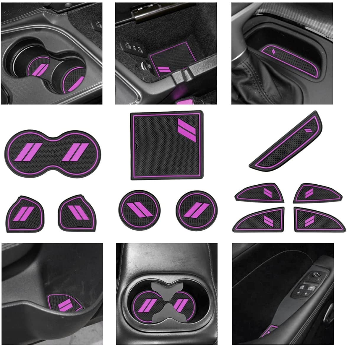 Custom Fit For 2015-2020 Dodge Challenger Cup Holder Insert & Center Console Shifter Liner Trim Mats, Dodge Challenger Interior Accessories Cup Door Center Console Liner (11Pcs, Purple)