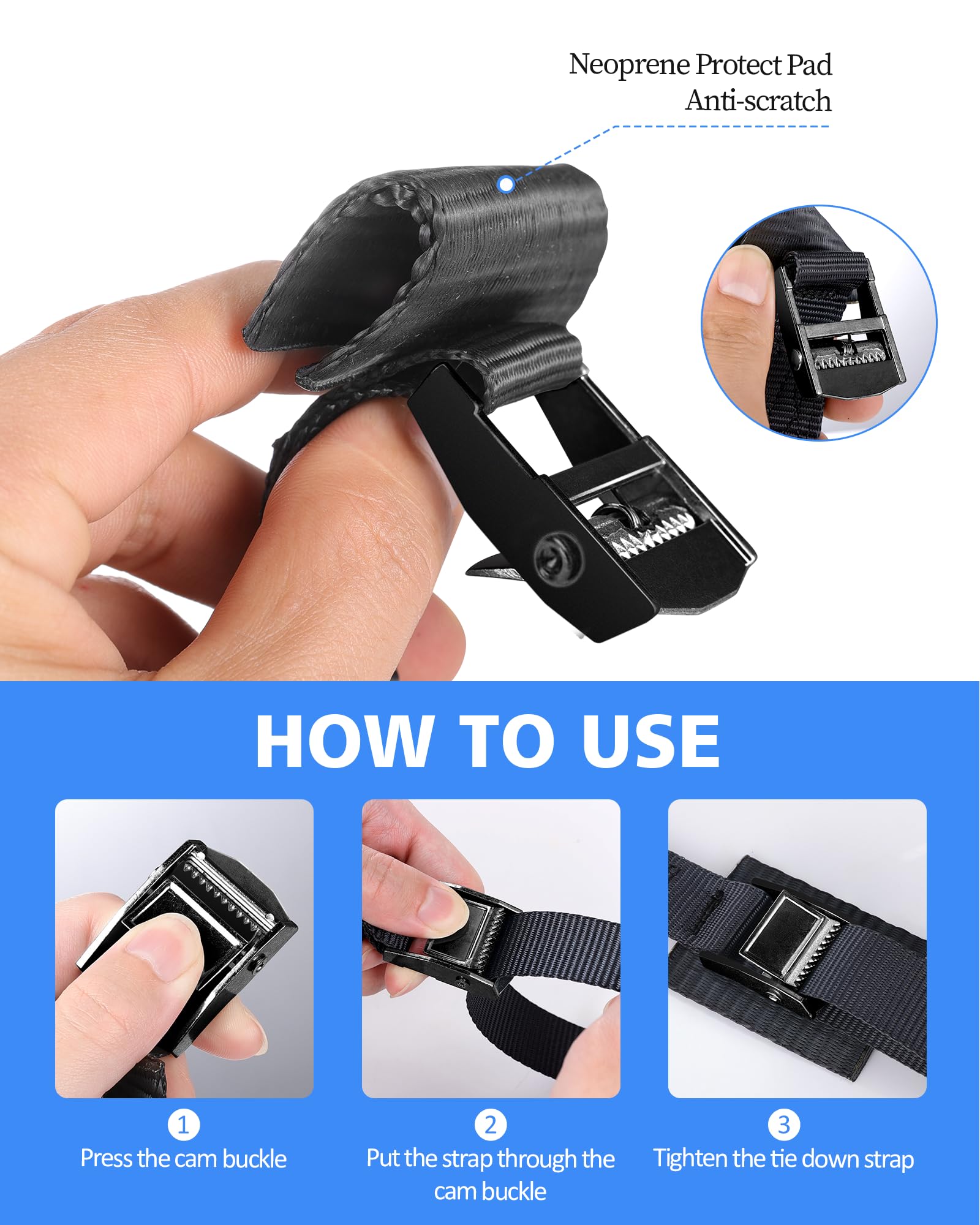 Upgraded 1'' X 8' Tie Down Straps, Cargo Roof Rack Strap Cam Buckle With Hooks, Heavy Duty Secure Strap, Black - Pack Of 2