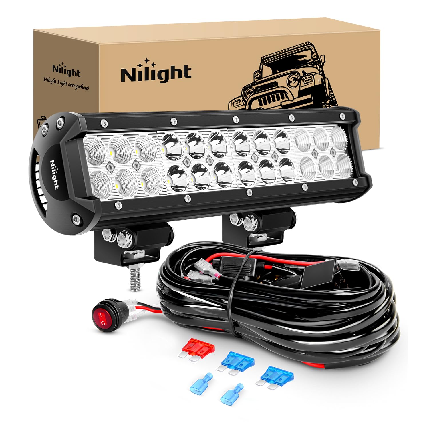 Nilight Led Light Bar 12 Inch 72W Spot Flood Combo Off Road Fog Lights Driving Led Pods With Off Road 16Awg Wiring Harness Kit -